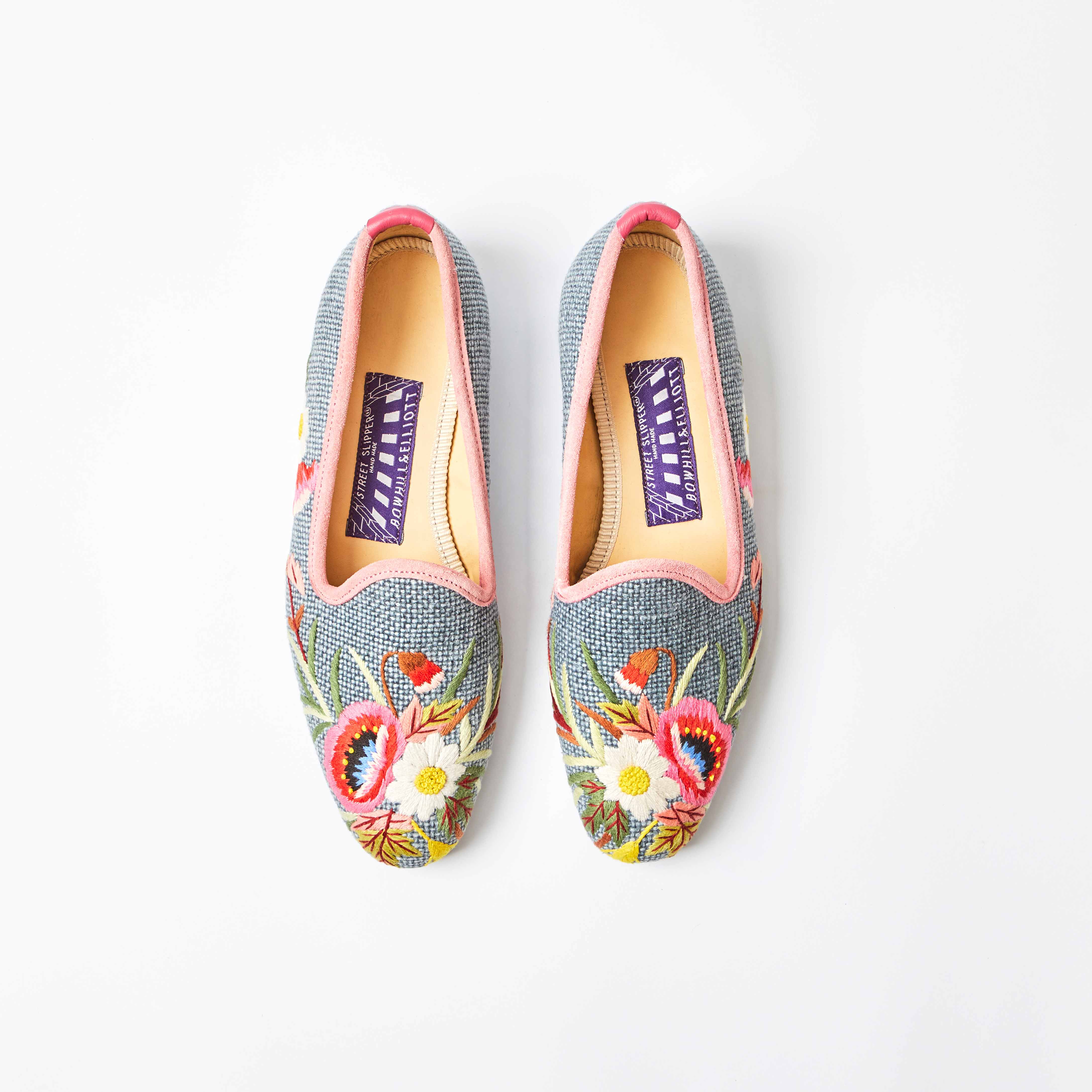 Denim Linen Venetian Slippers with Embroidered Poppies