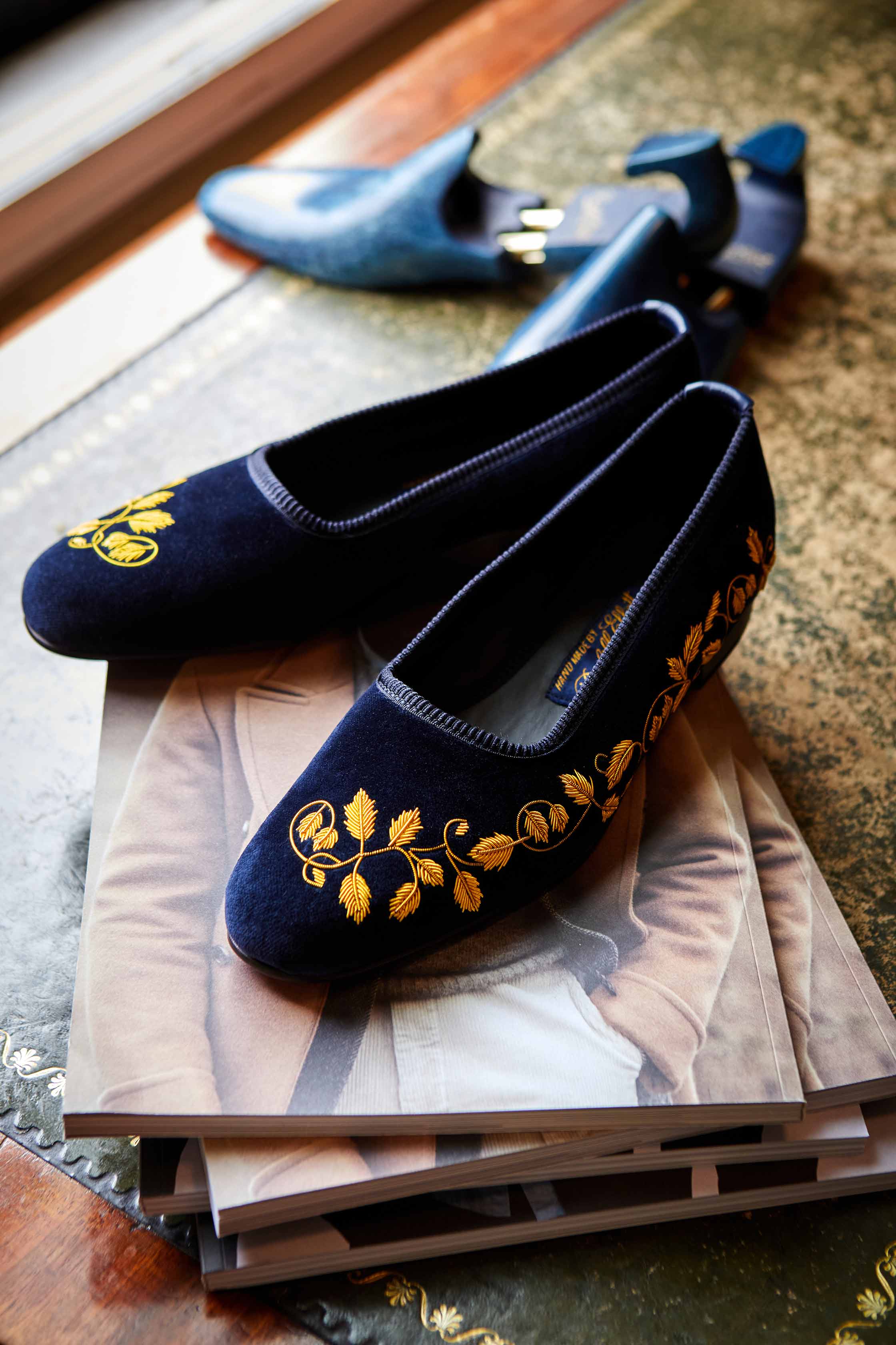 Navy Velvet Pump Slippers with Embroidered Gold Ivy
