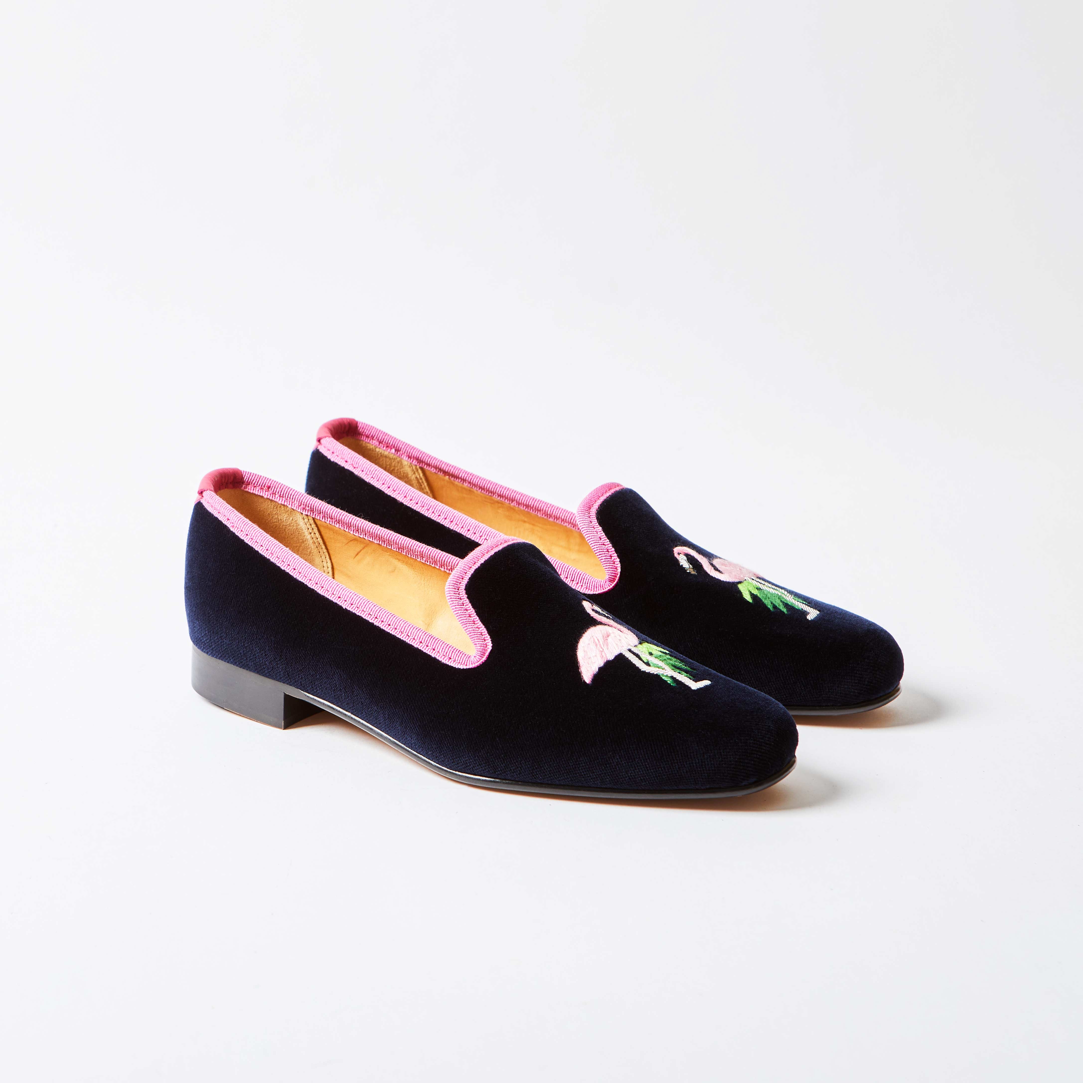 Navy Velvet Albert Slippers with Embroidered Flamingo