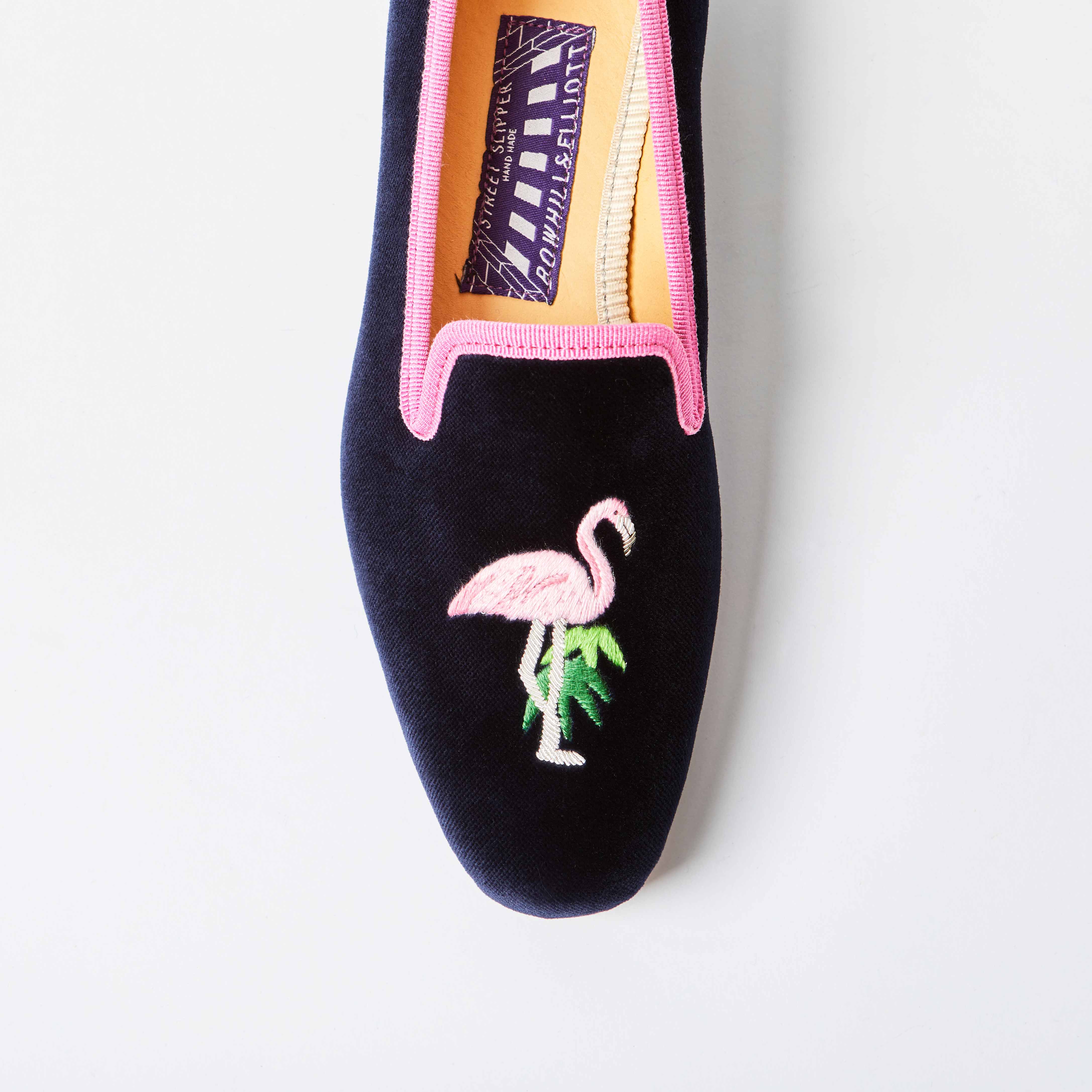 Navy Velvet Albert Slippers with Embroidered Flamingo