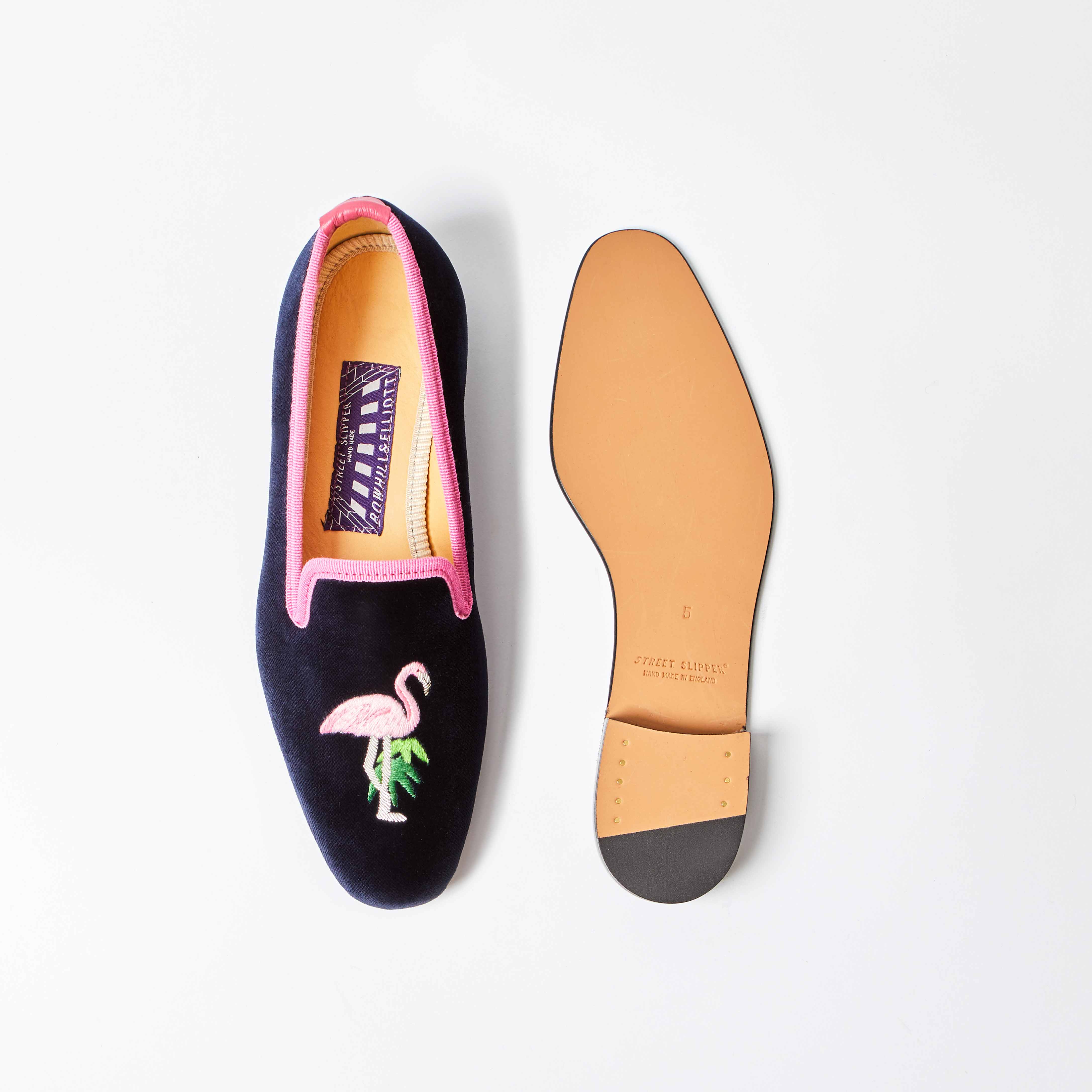 Navy Velvet Albert Slippers with Embroidered Flamingo