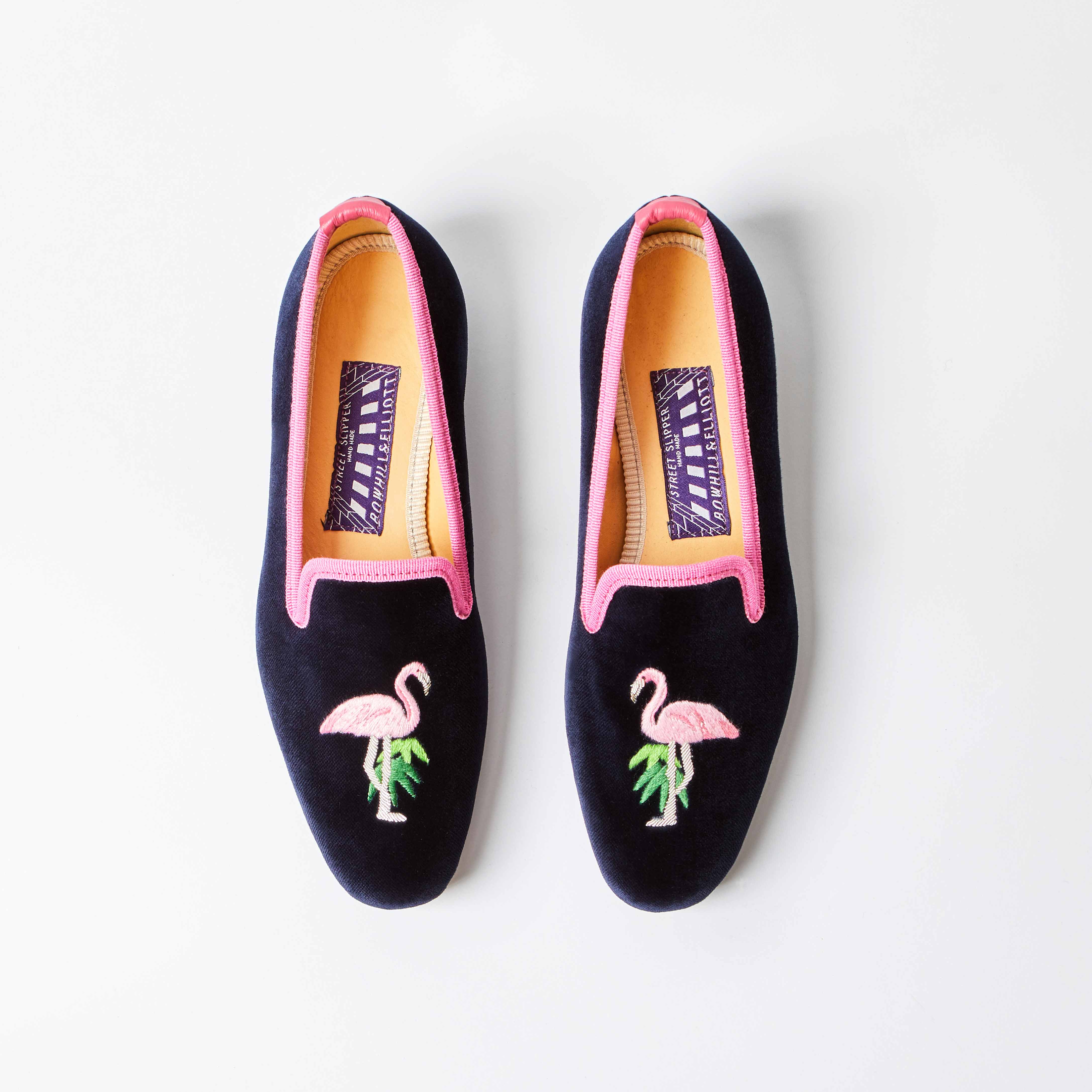 Navy Velvet Albert Slippers with Embroidered Flamingo
