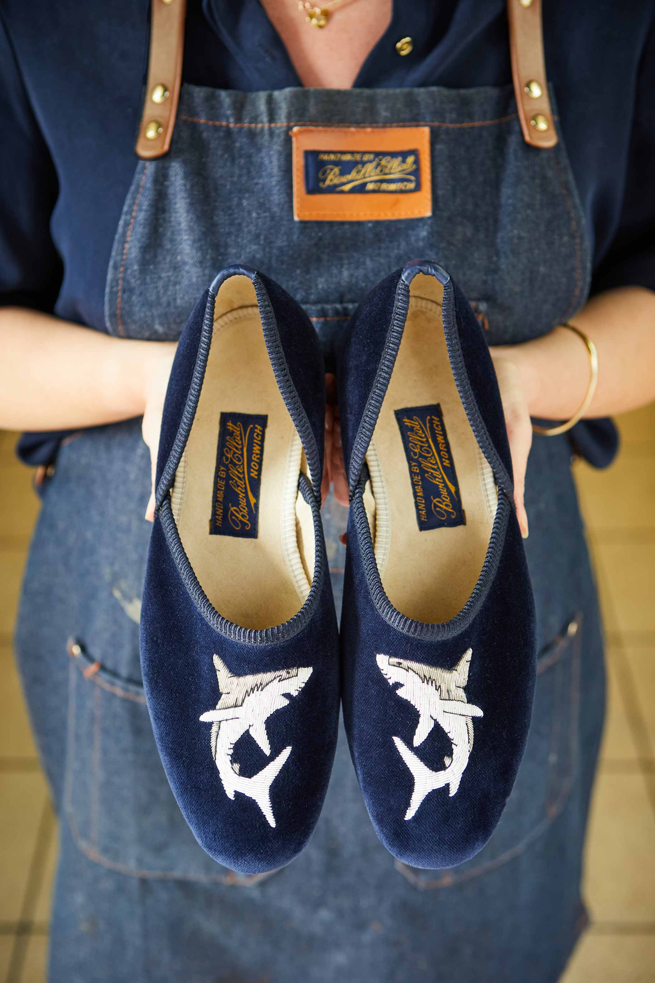 The Grecian in Navy Velvet with Embroidered Shark