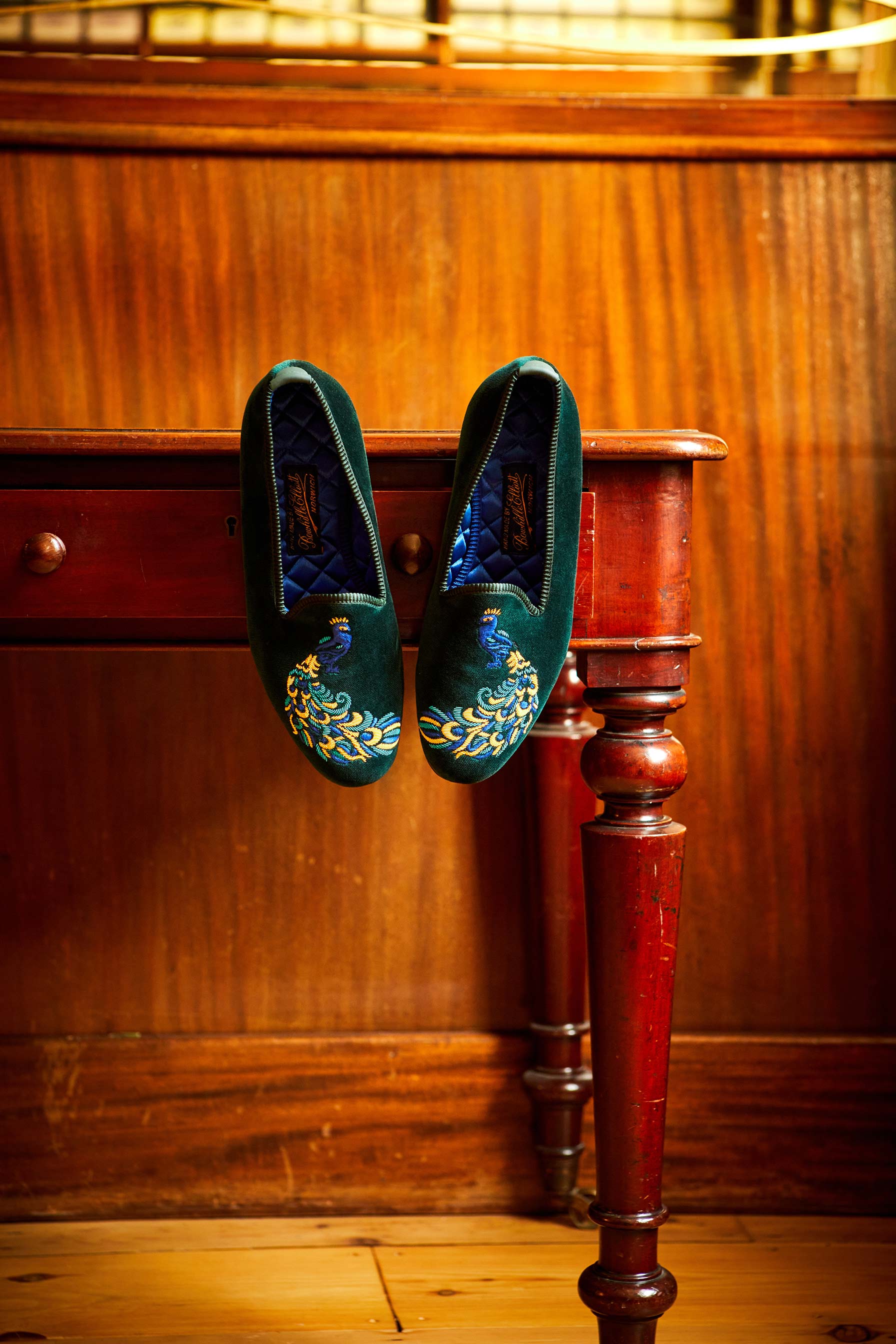 Green Velvet Venetian Slippers with Embroidered Peacock