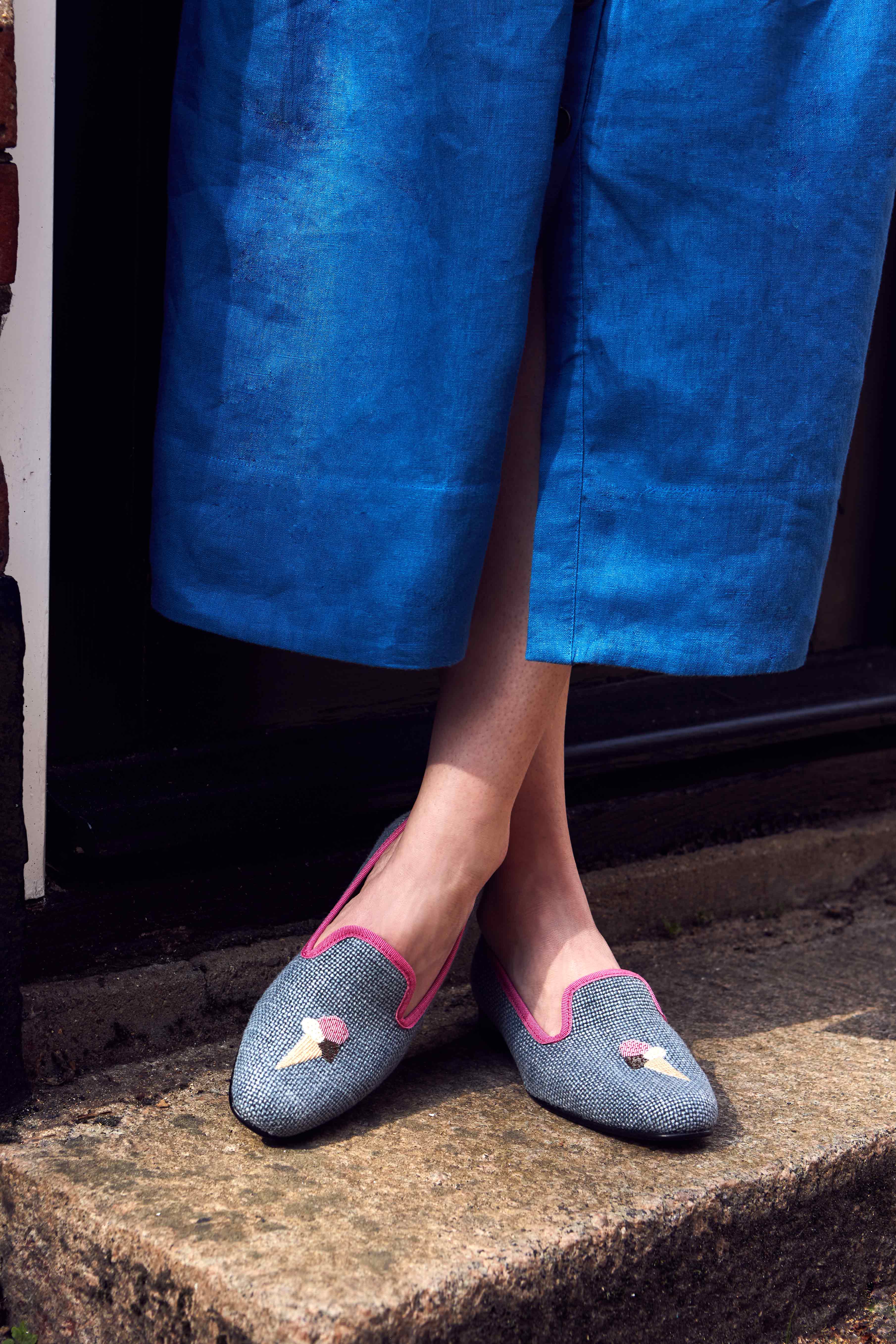 Denim Linen Albert Slippers with Embroidered Ice Cream