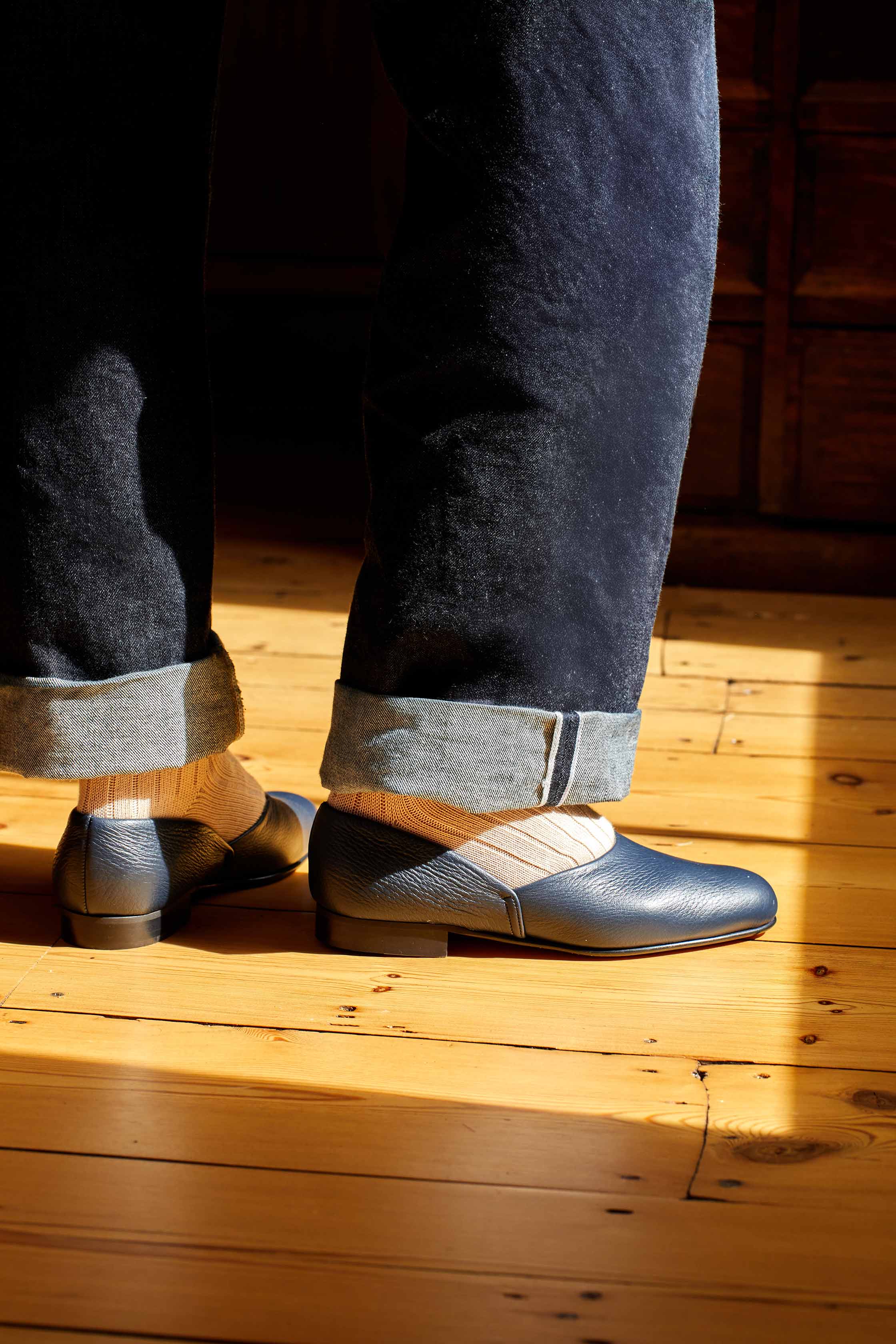 Navy Deerskin Hard Sole Grecian Slippers