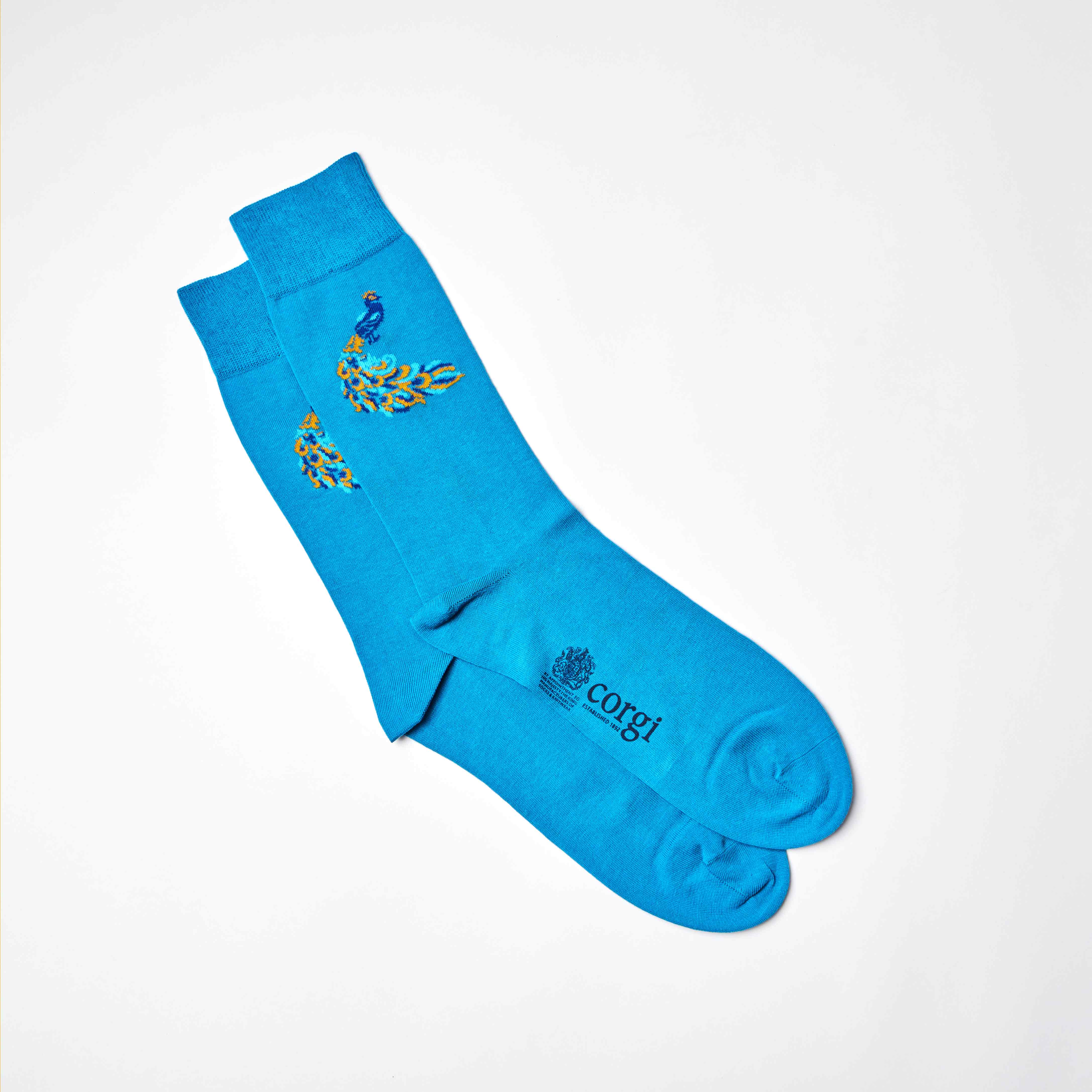 Corgi for Bowhill & Elliott - Men's Peacock motif Blue Socks