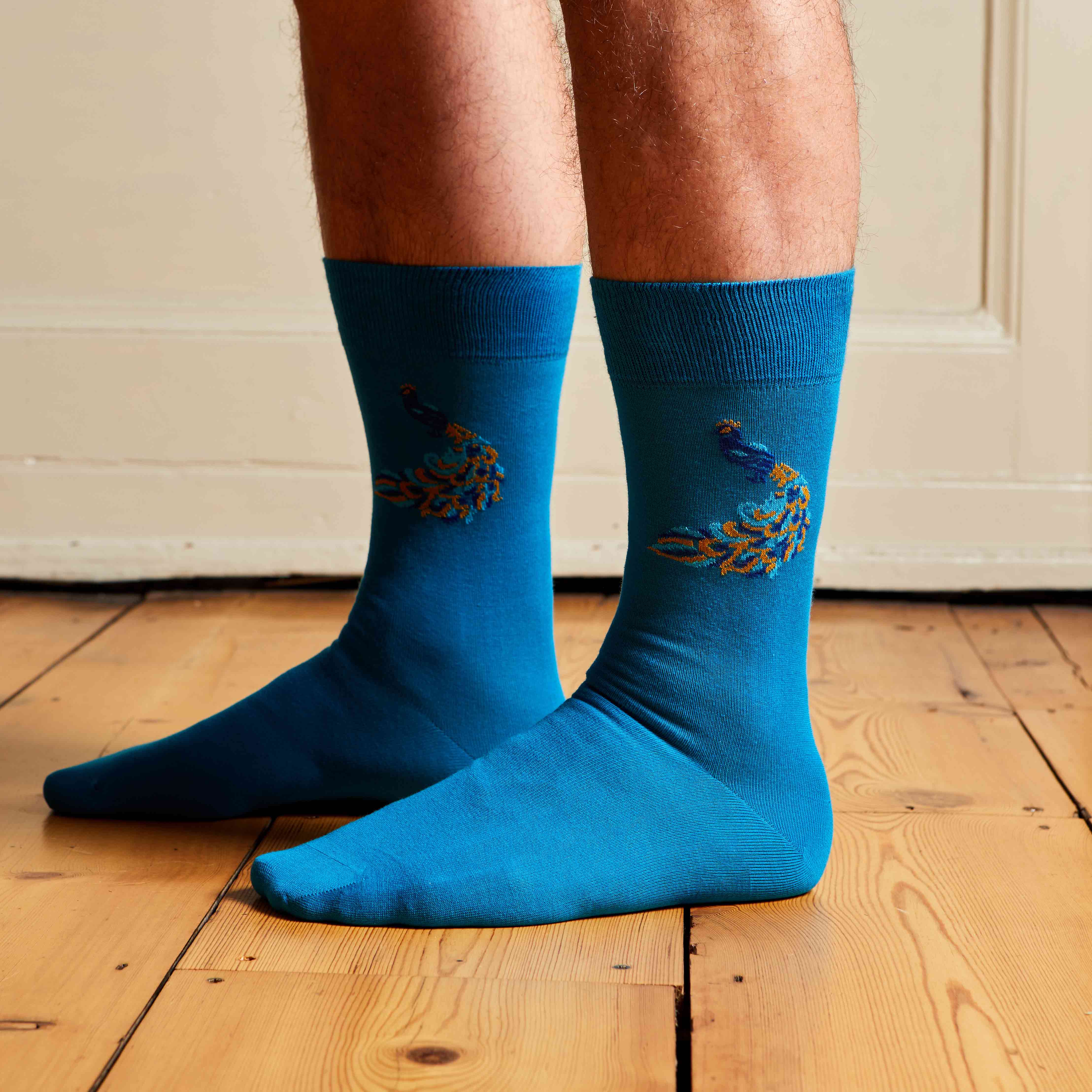 Corgi for Bowhill & Elliott - Men's Peacock motif Blue Socks