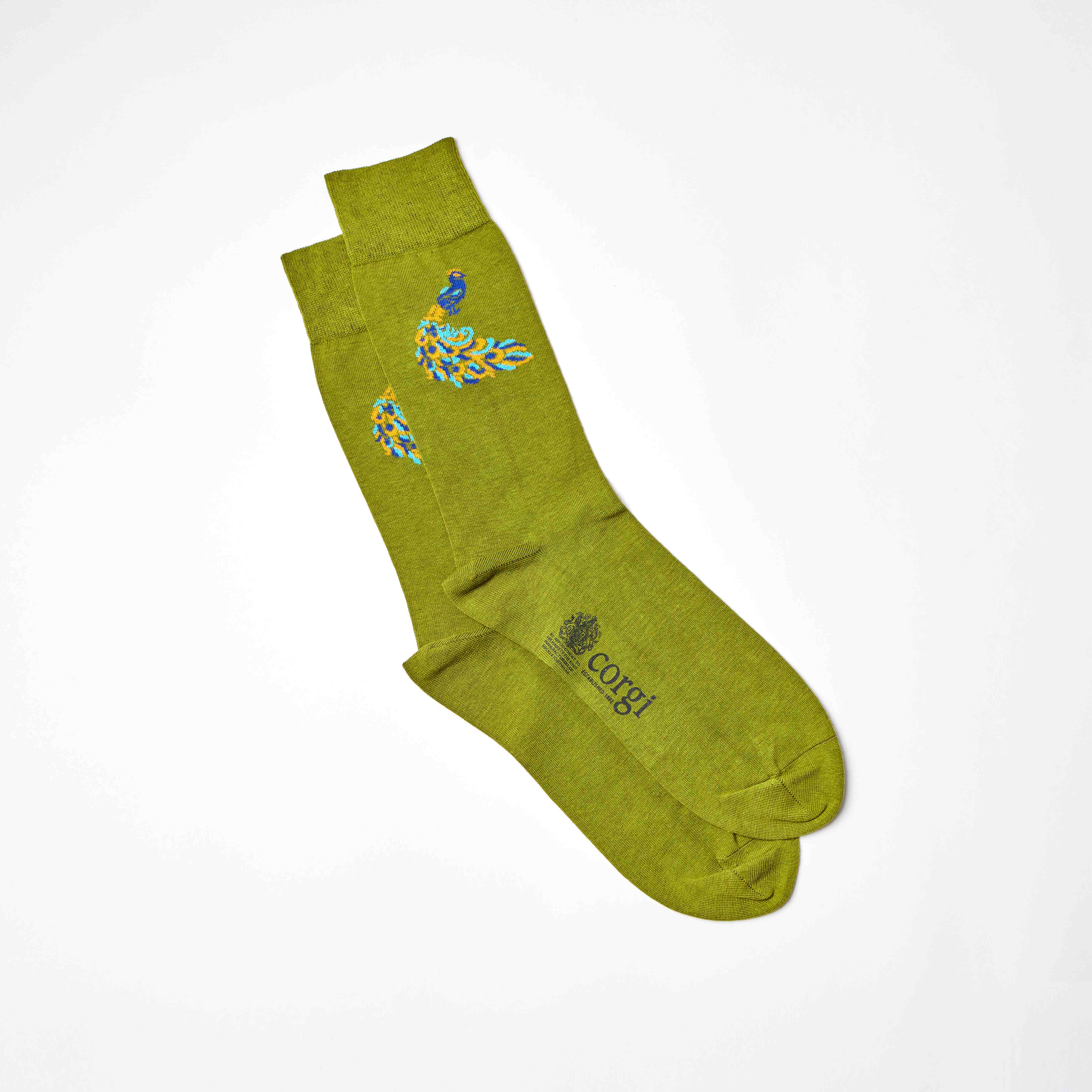 Corgi for Bowhill & Elliott - Men's Peacock motif Green socks