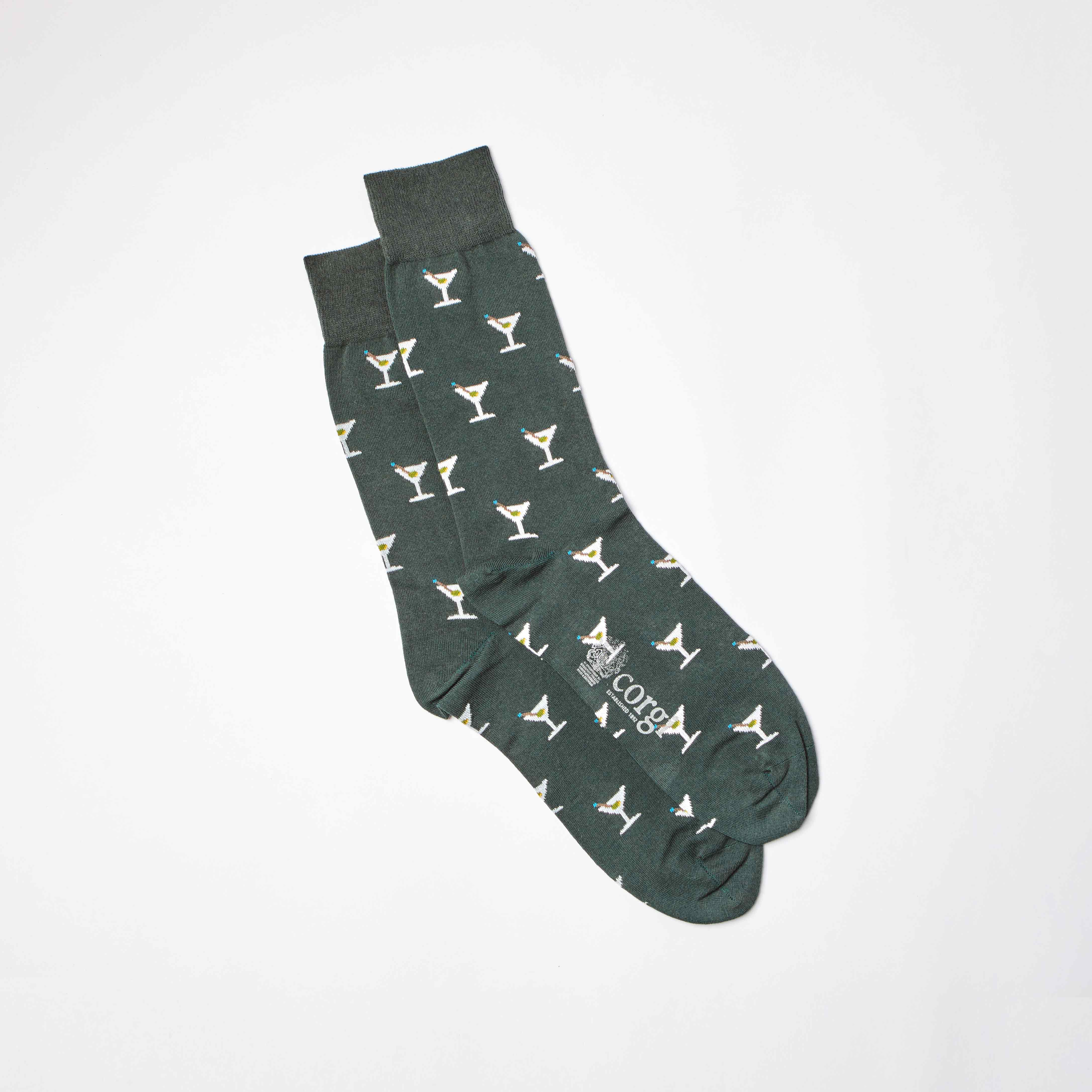 Corgi for Bowhill & Elliott - Men's Martini motif Green socks