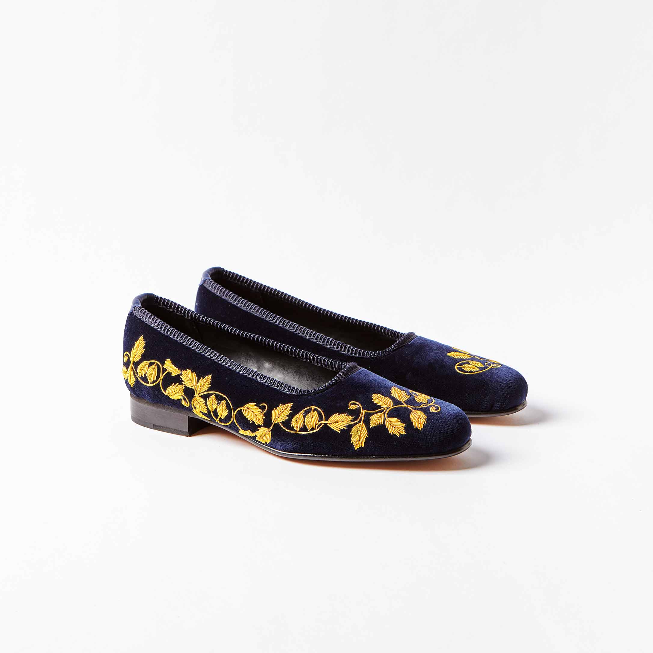 Navy Velvet Pump Slippers with Embroidered Gold Ivy