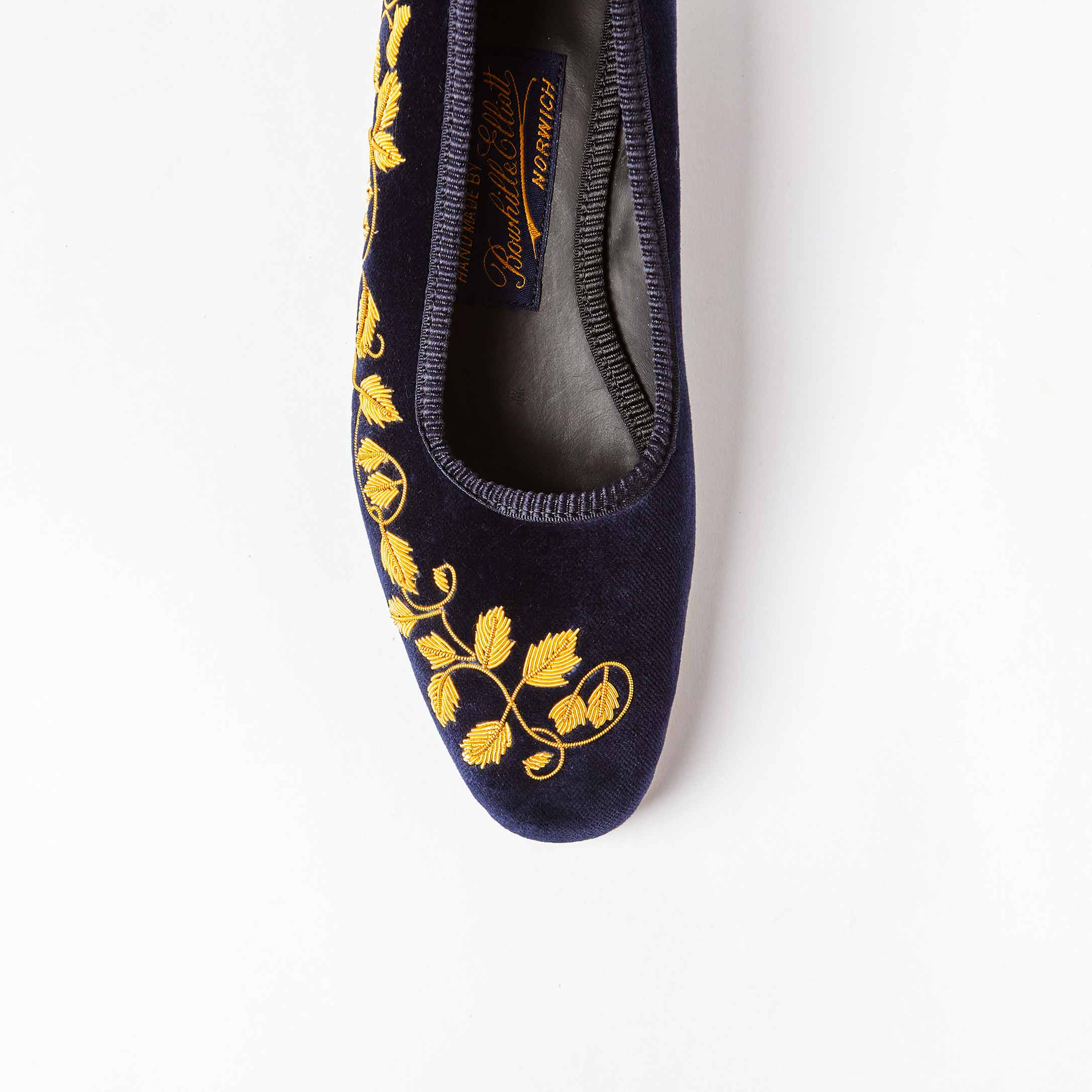 Navy Velvet Pump Slippers with Embroidered Gold Ivy