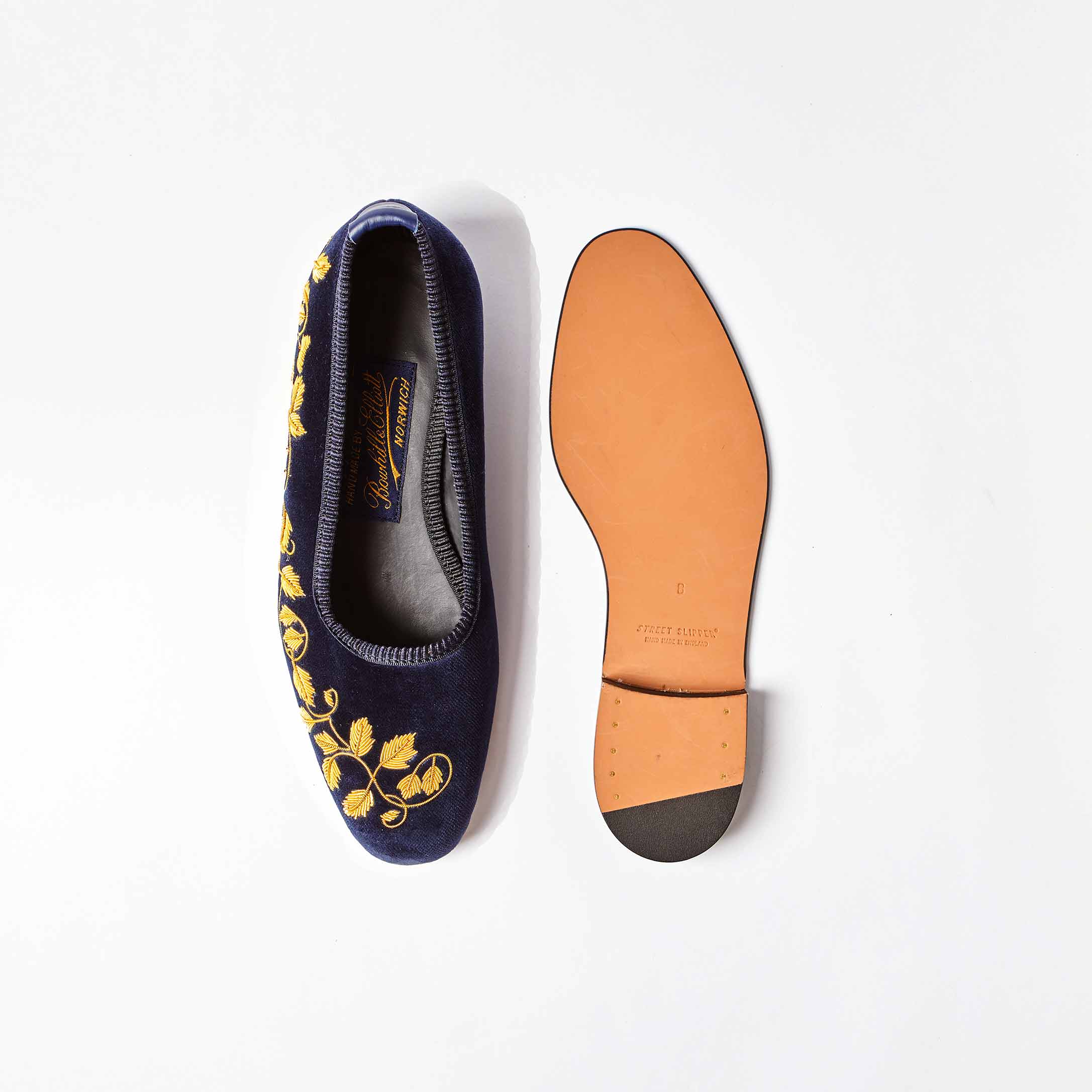 Navy Velvet Pump Slippers with Embroidered Gold Ivy