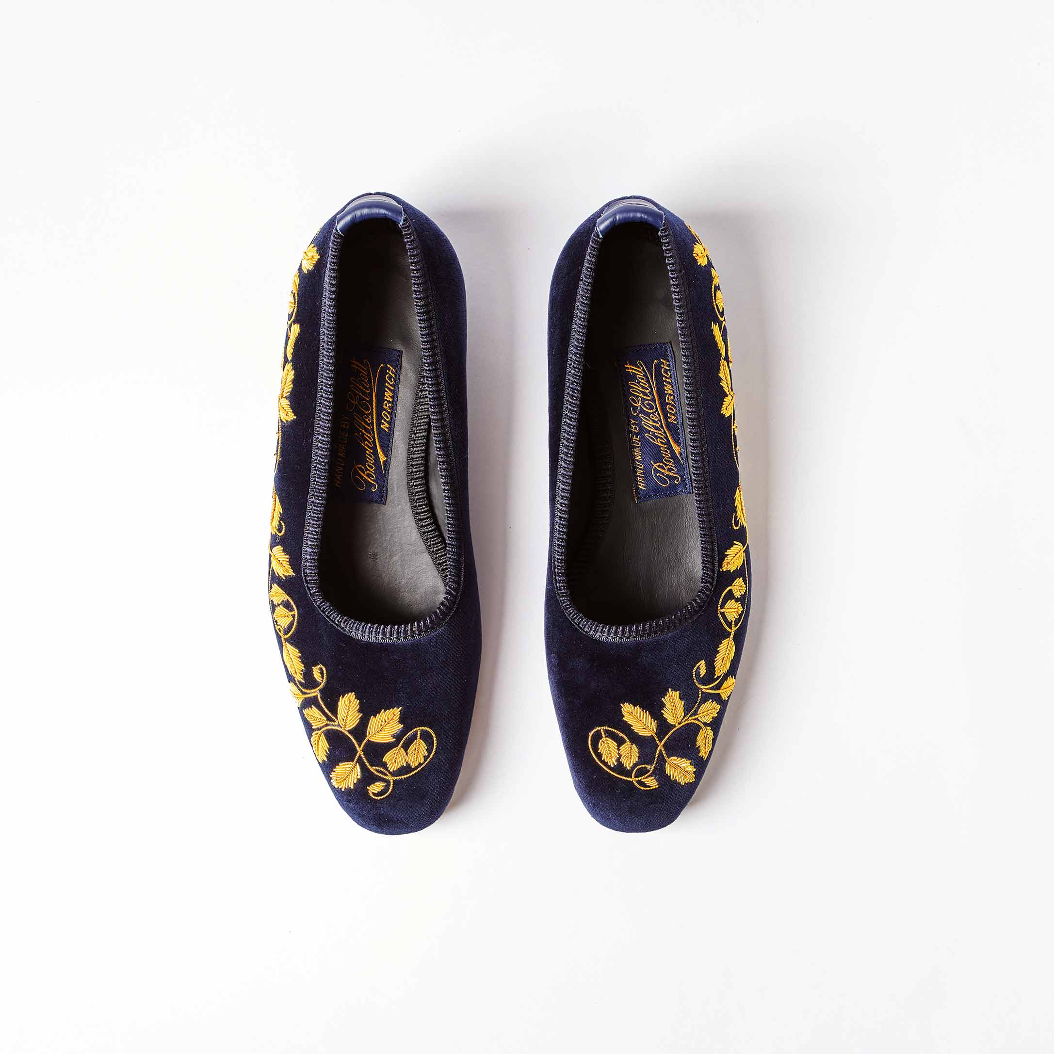 Navy Velvet Pump Slippers with Embroidered Gold Ivy