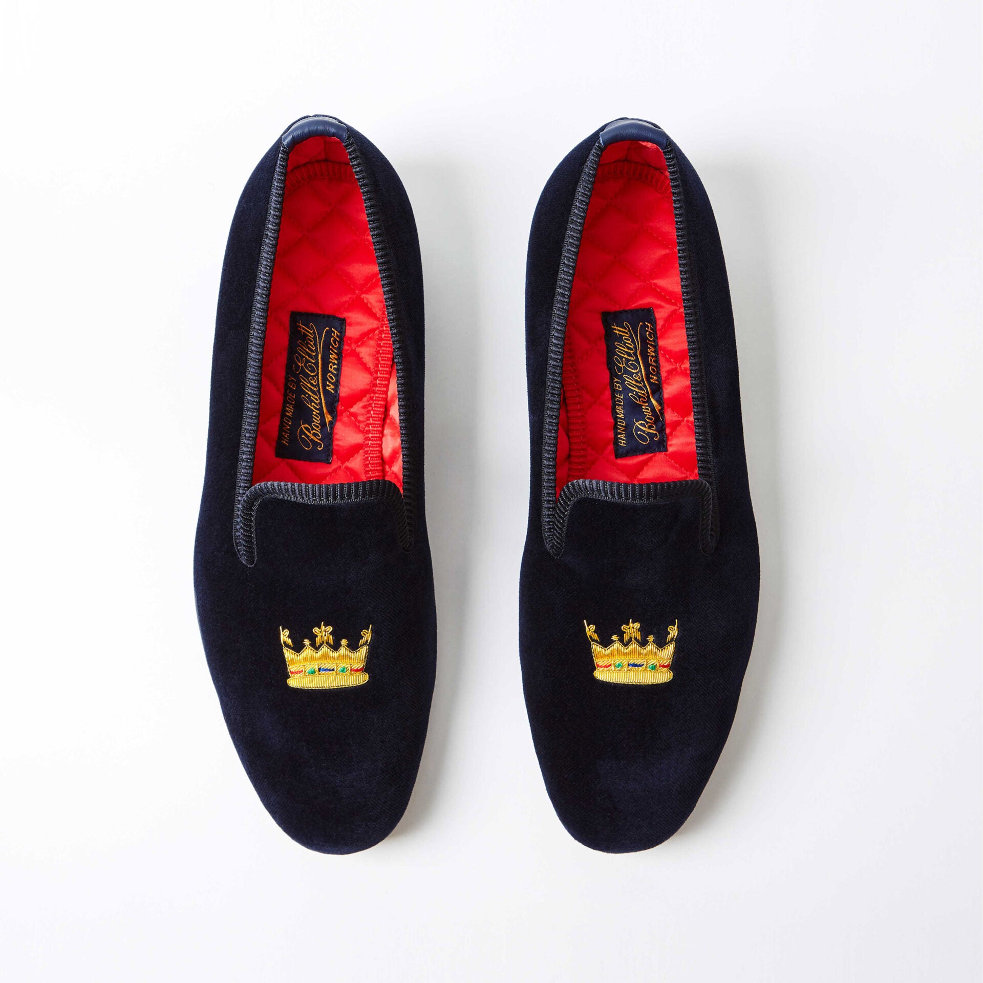 Navy Velvet Albert Slippers with Embroidered Coronet