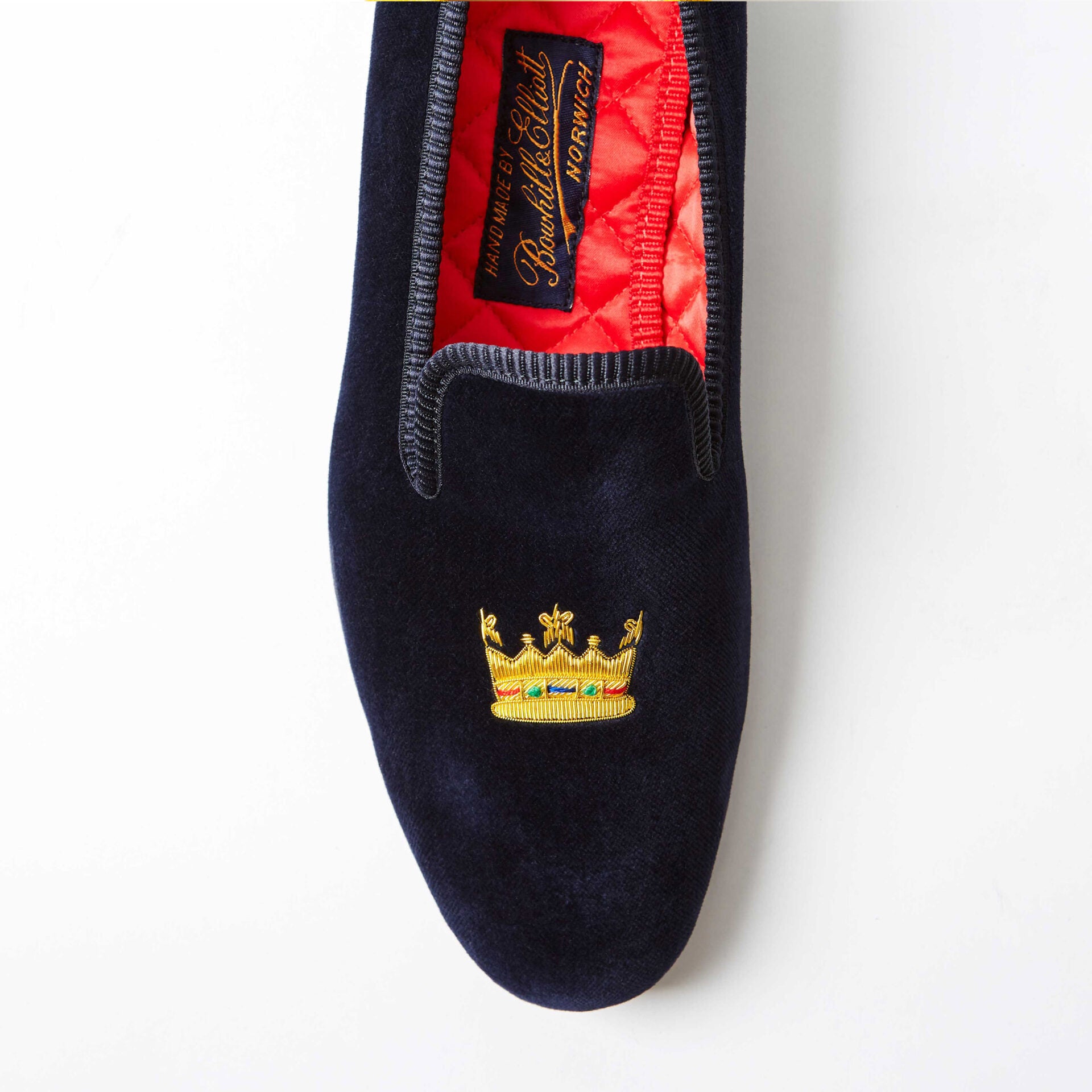 Navy Velvet Albert Slippers with Embroidered Coronet