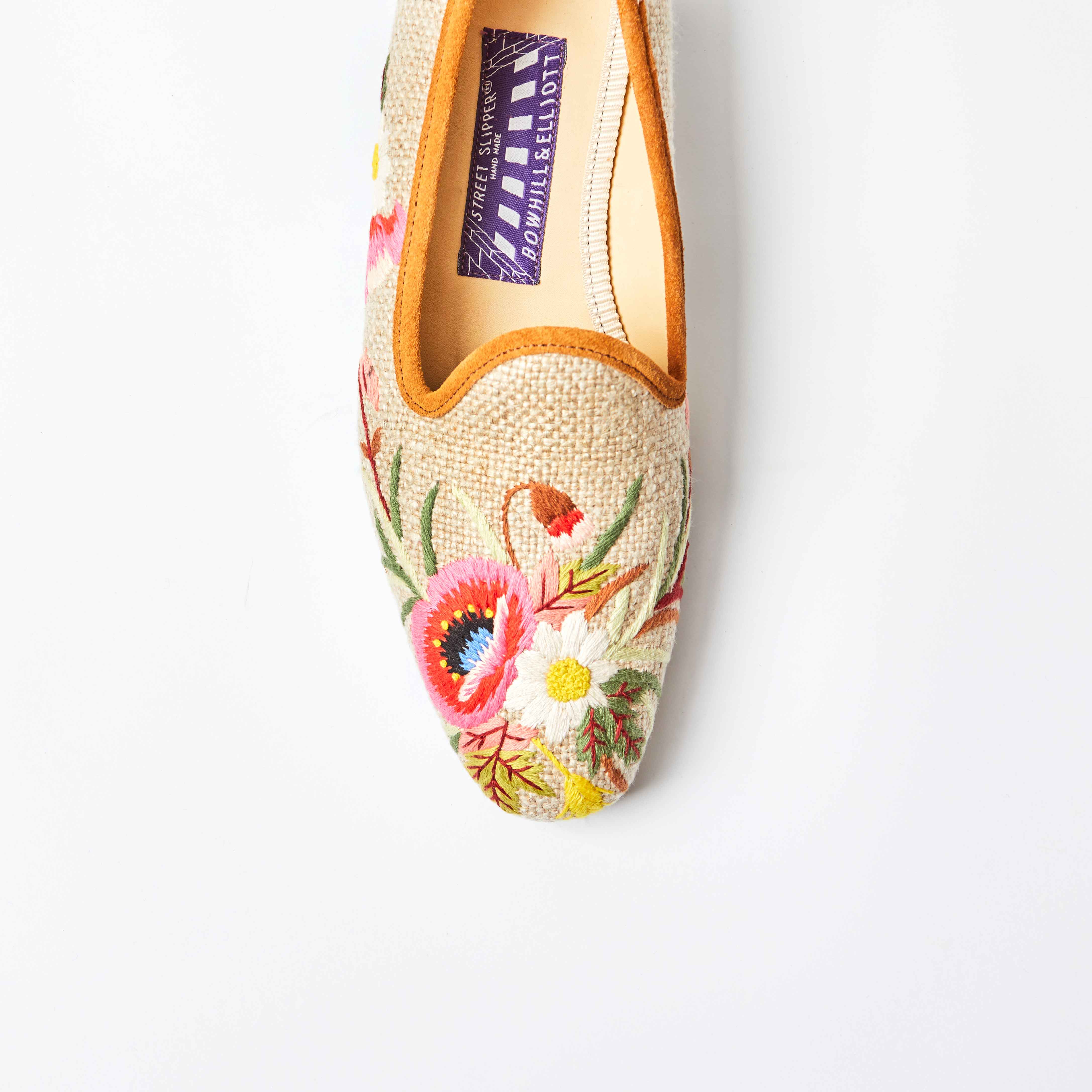Oatmeal Linen Venetian Slippers with Embroidered Poppies