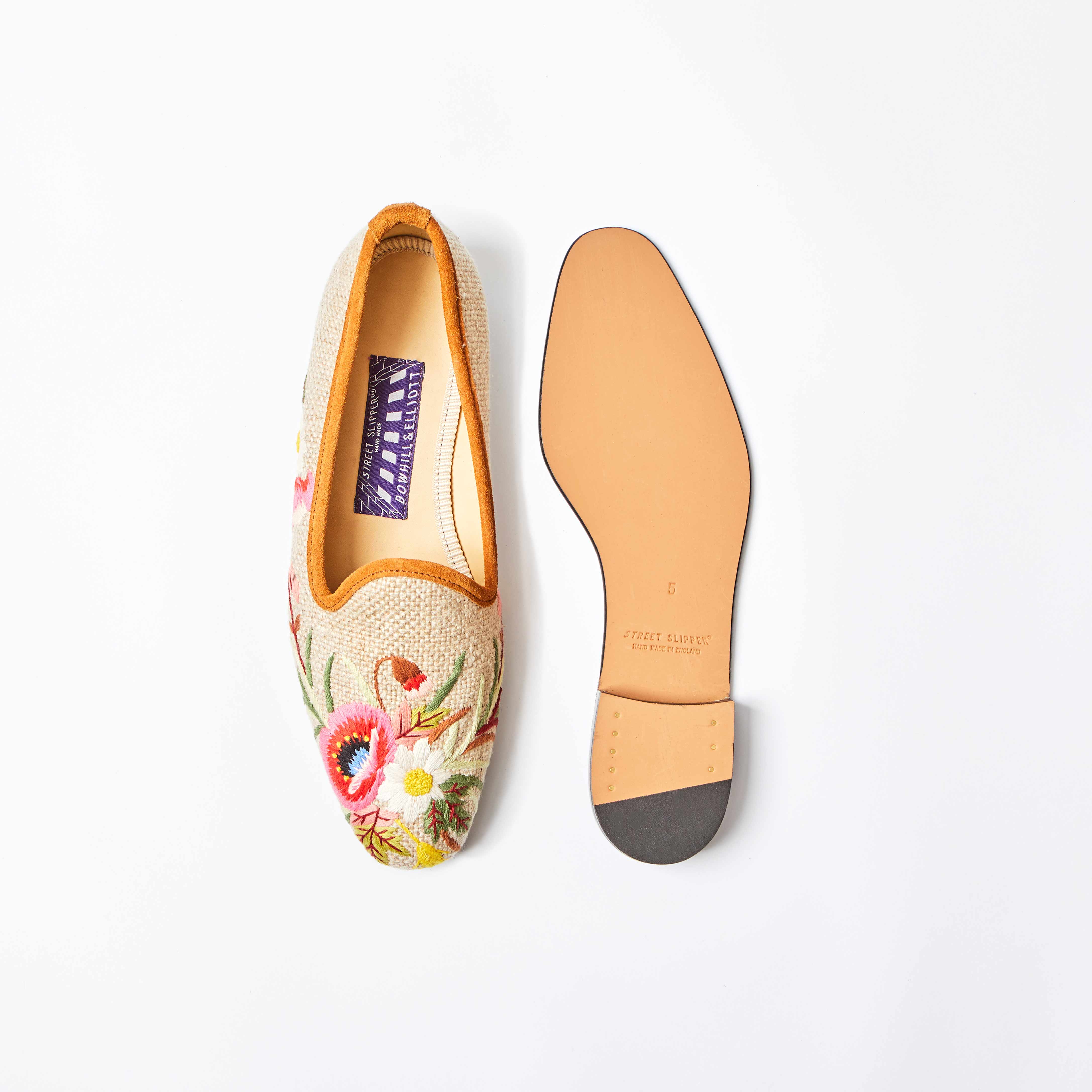 Oatmeal Linen Venetian Slippers with Embroidered Poppies