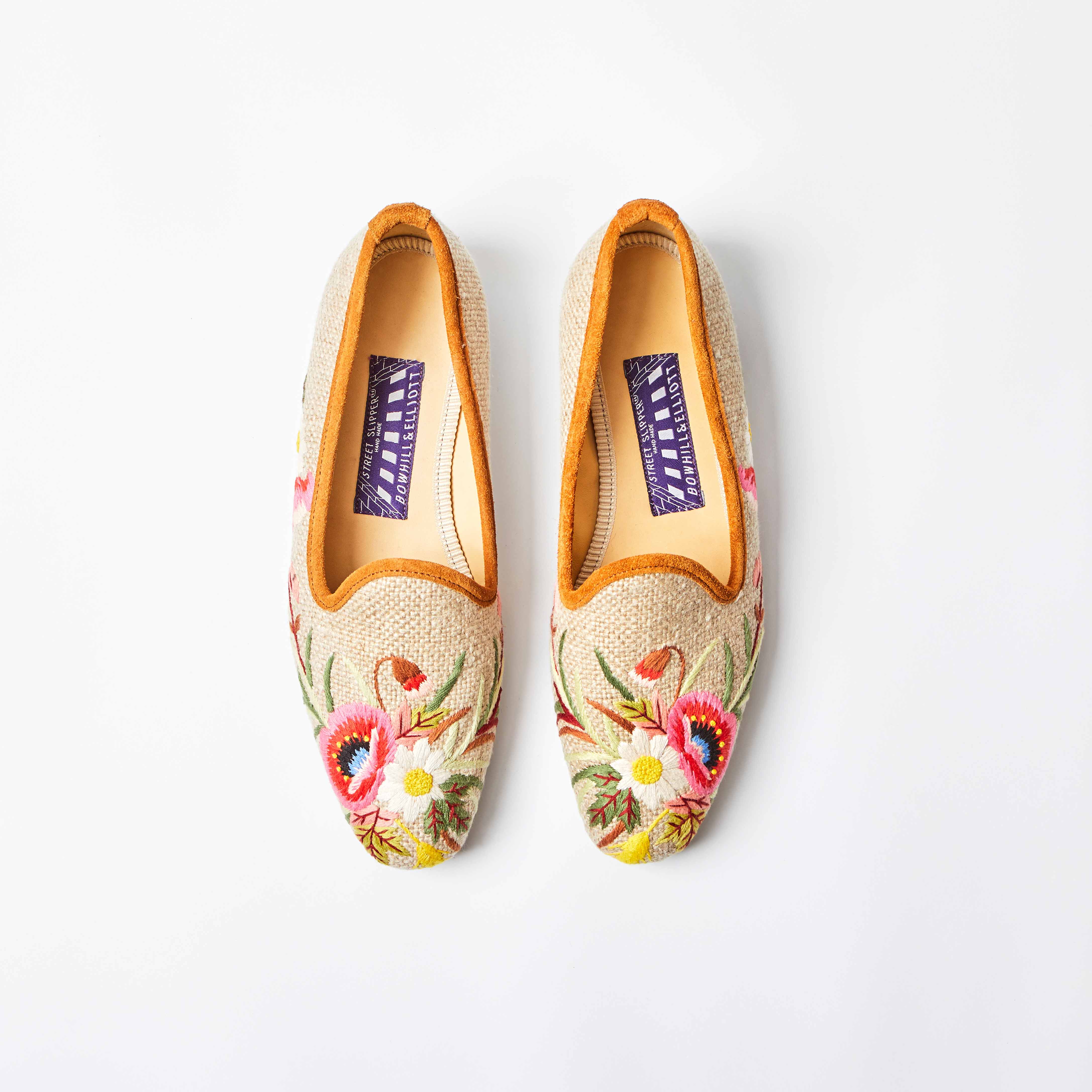 Oatmeal Linen Venetian Slippers with Embroidered Poppies