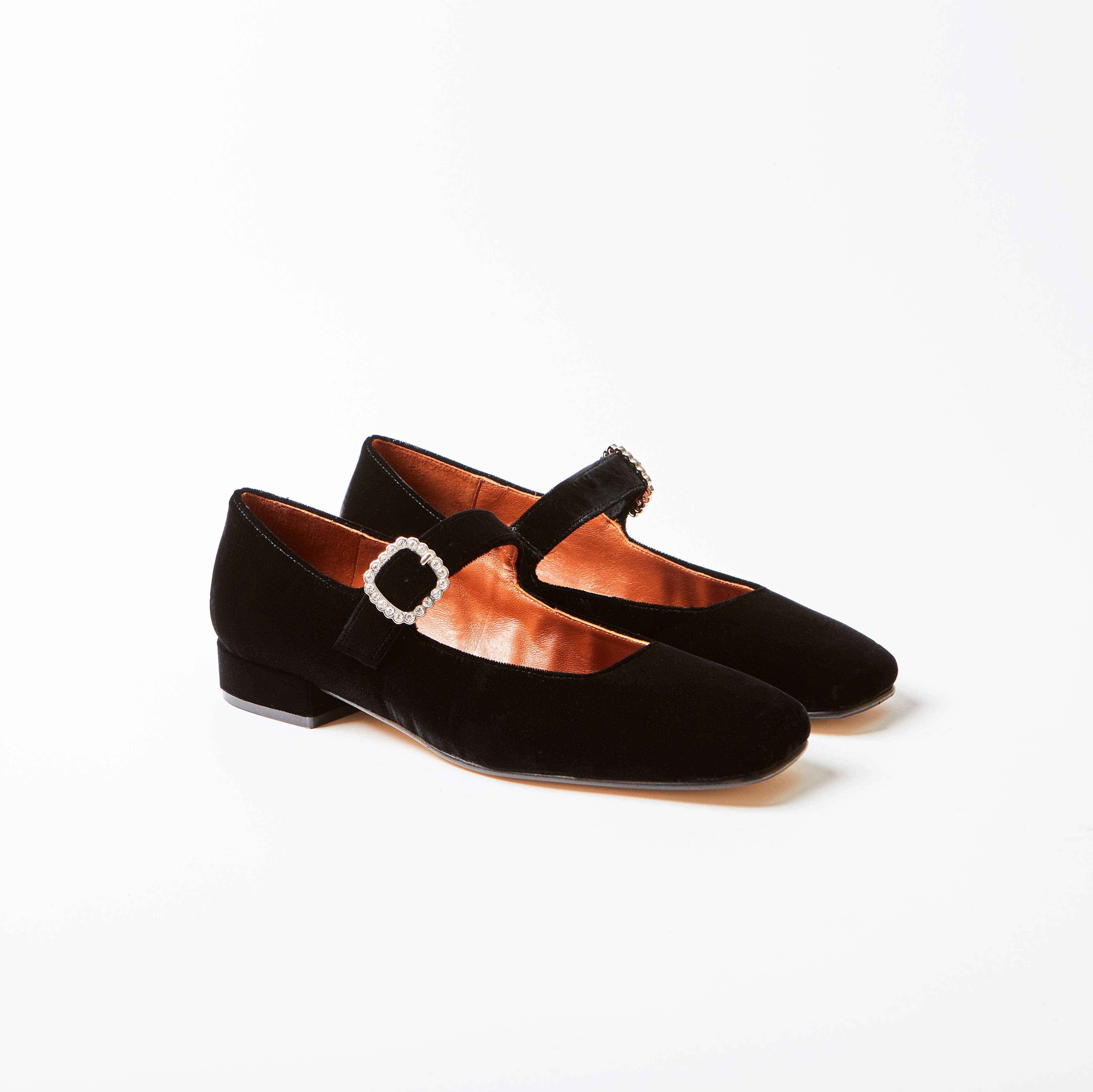 Low Mary Jane Diamante Black Velvet Shoe