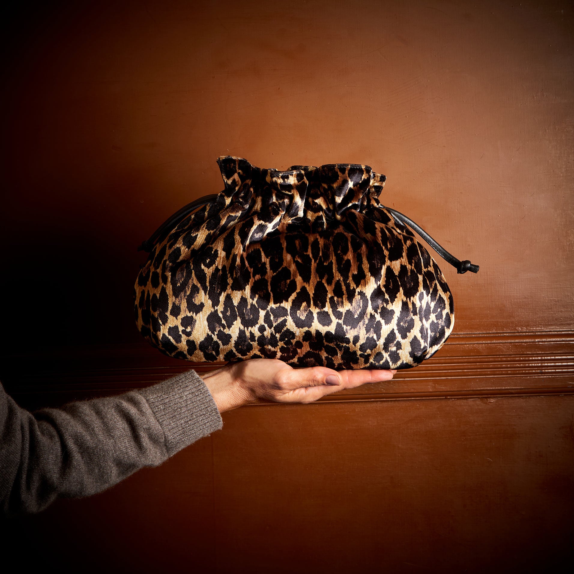 Puffball Leopard Velvet Clutch