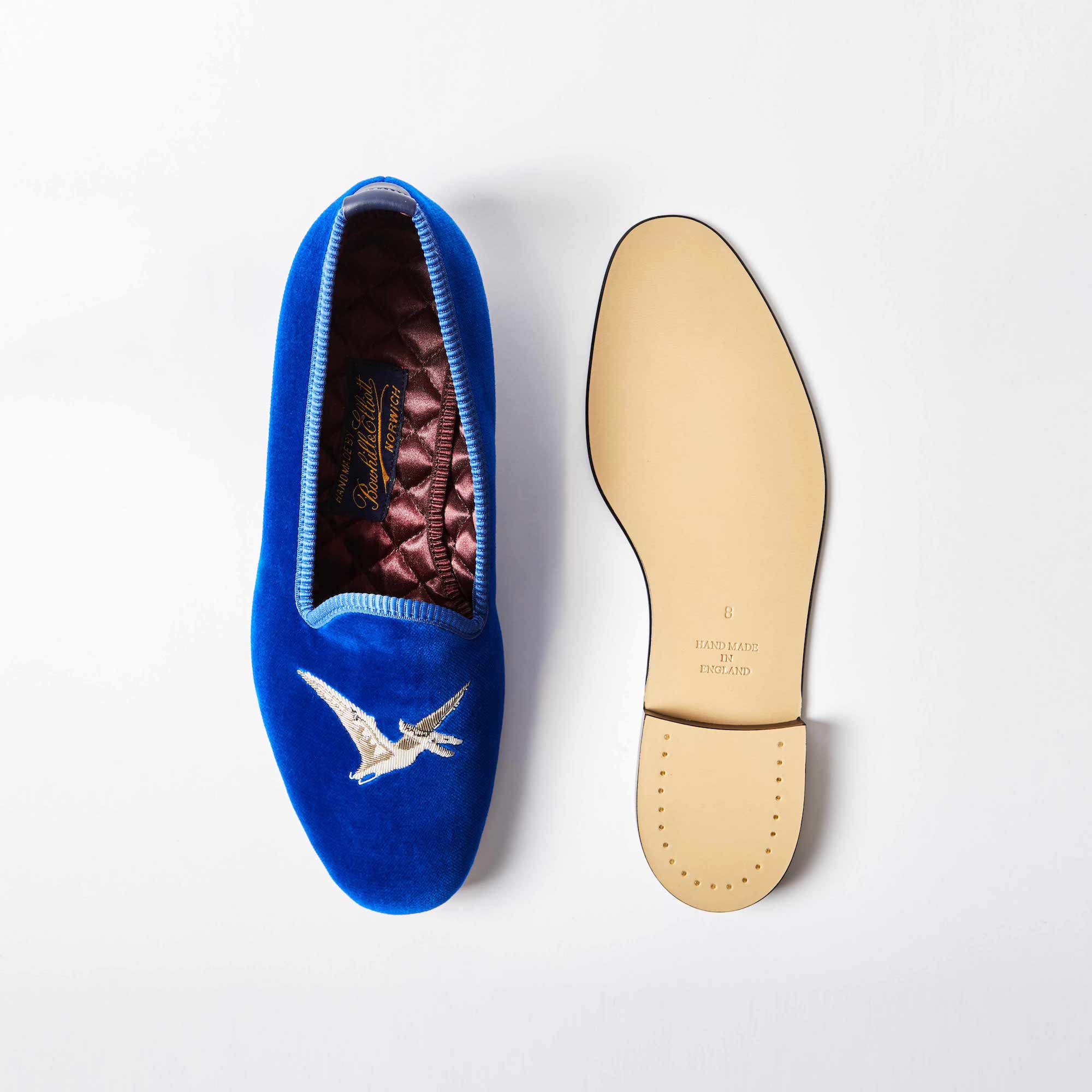Royal Blue Velvet Venetian Slippers with Embroidered Pterodactyl