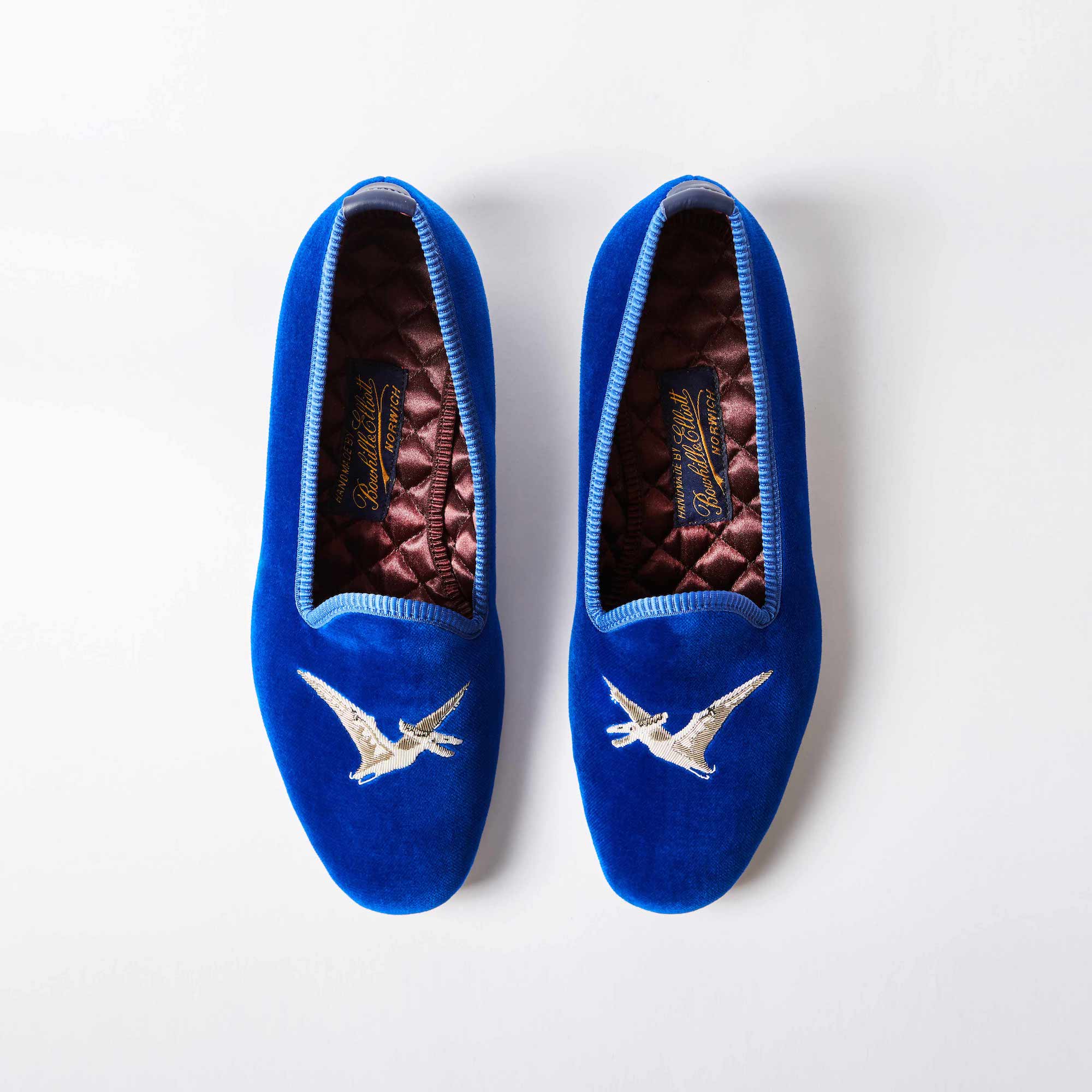 Royal Blue Velvet Venetian Slippers with Embroidered Pterodactyl