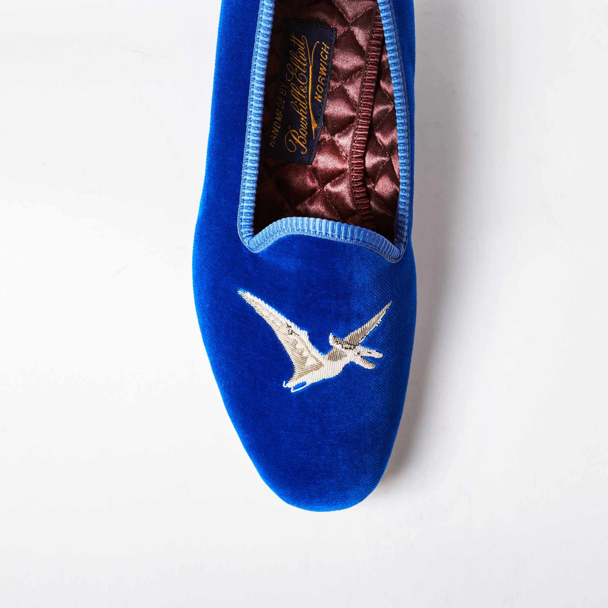 Royal Blue Velvet Venetian Slippers with Embroidered Pterodactyl
