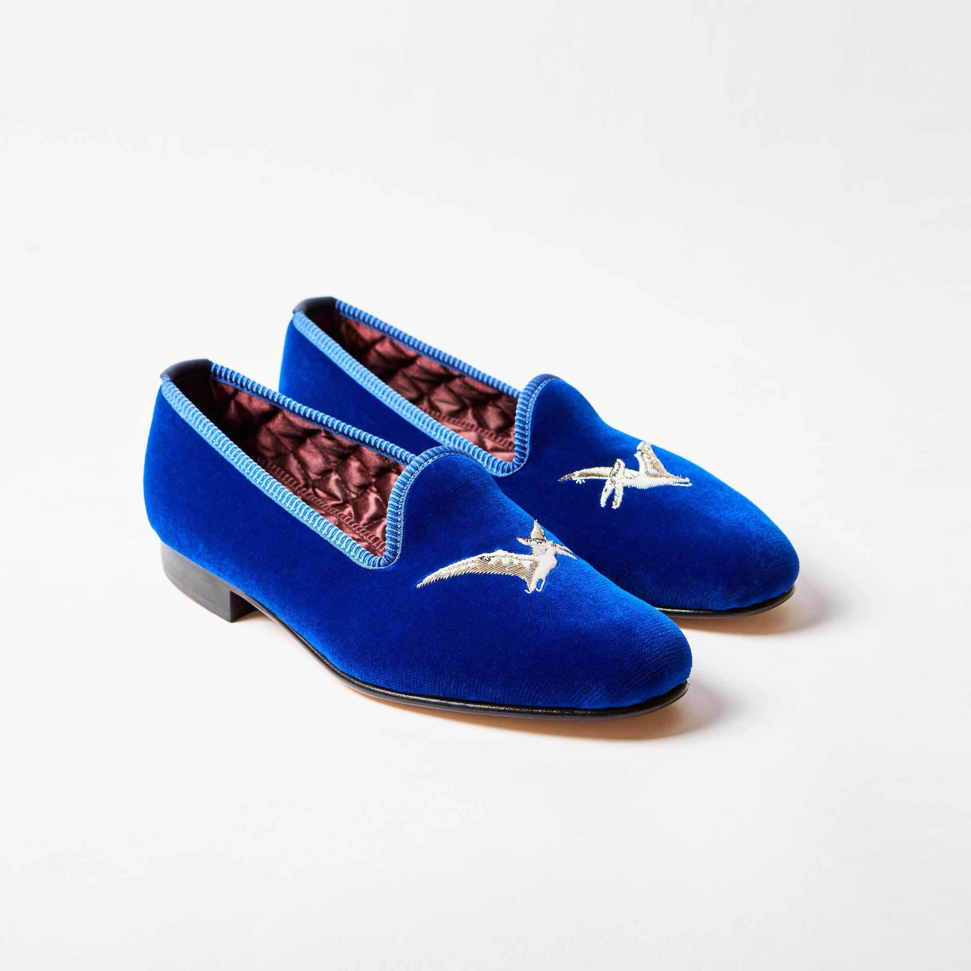 Royal Blue Velvet Venetian Slippers with Embroidered Pterodactyl