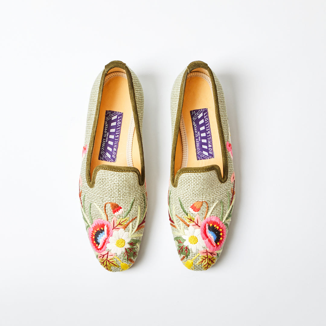 Sage Linen Albert Slippers with Poppies