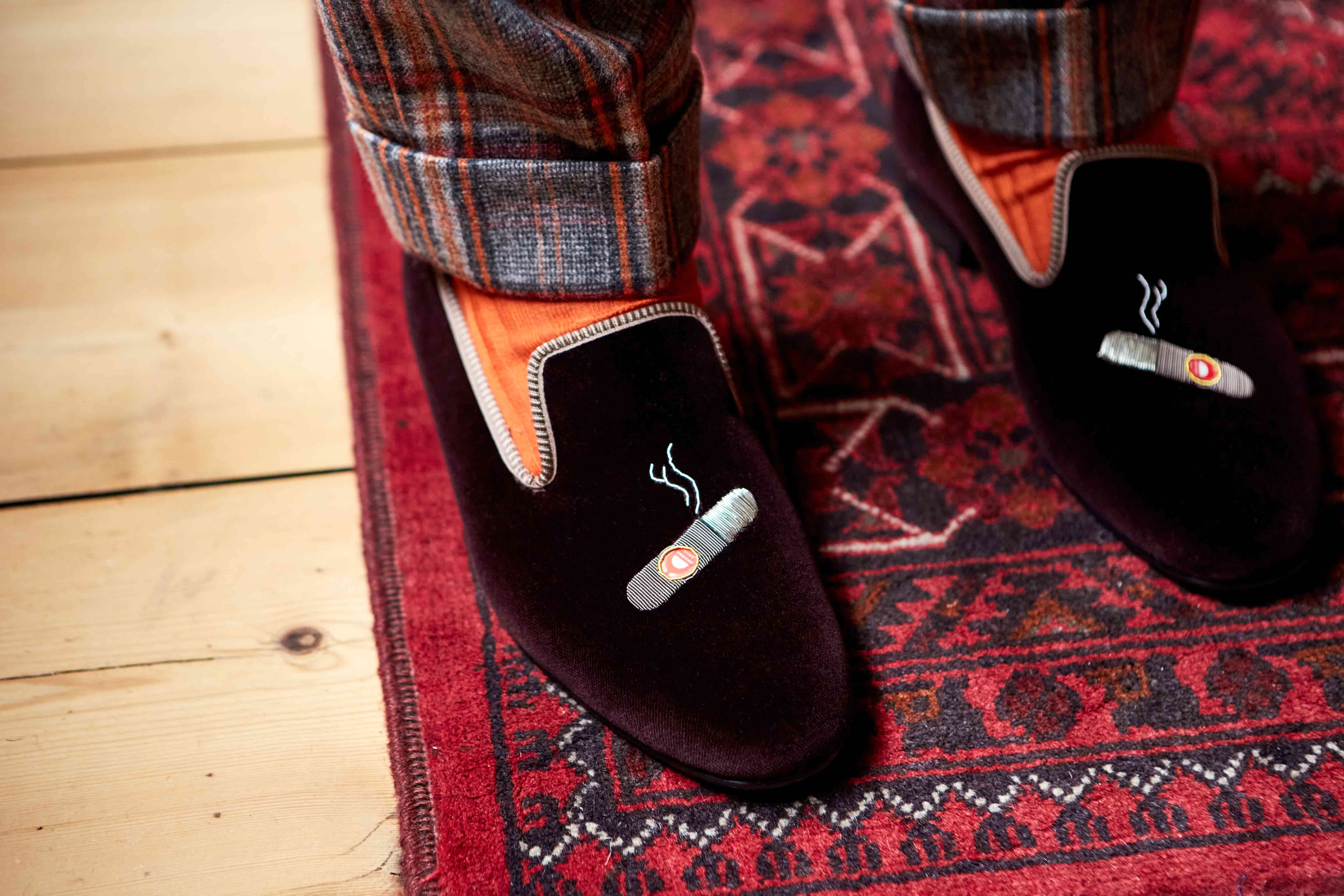 Brown Velvet Albert Slippers with Embroidered Cuban Cigar