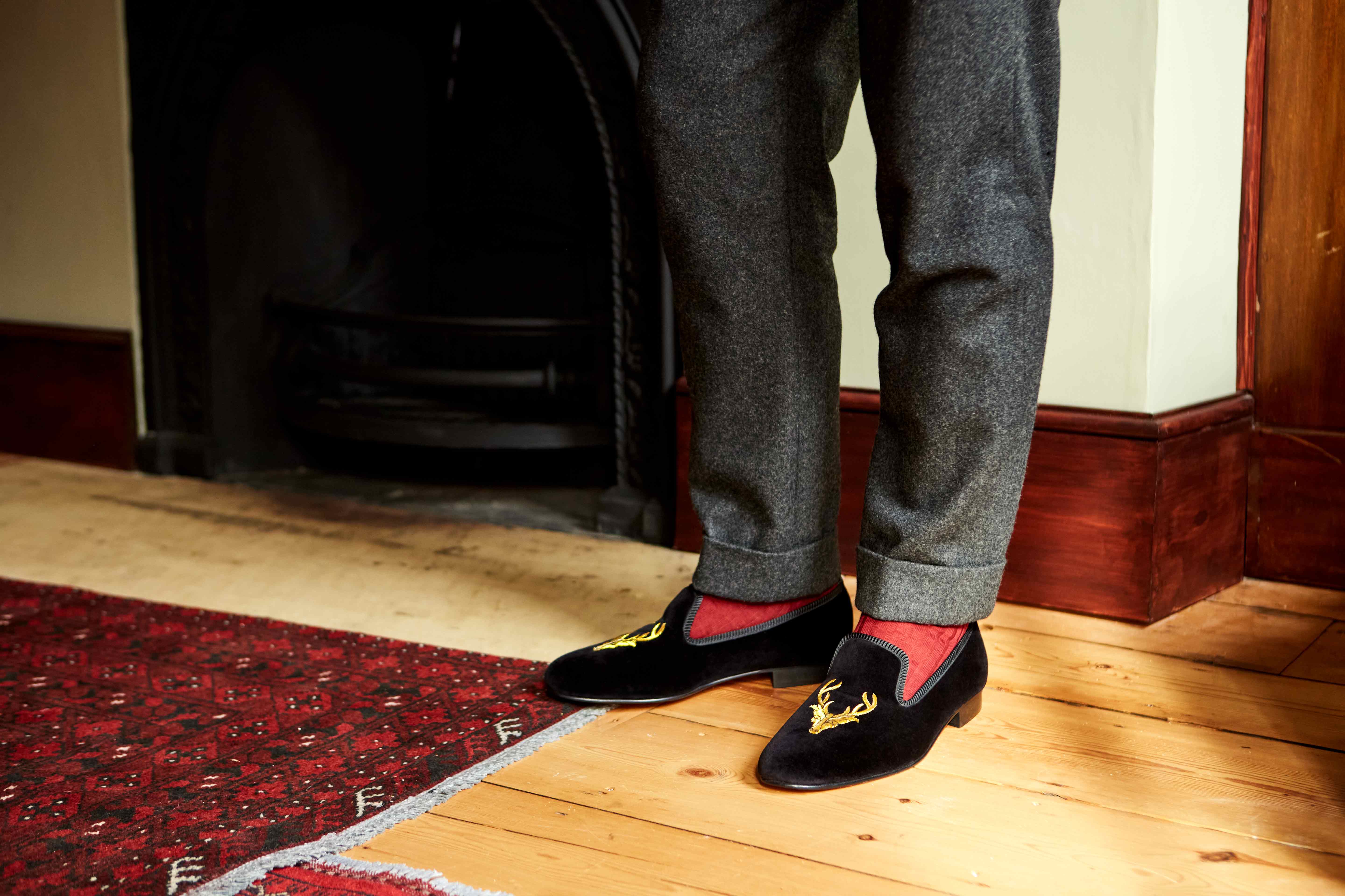 Black Velvet Albert Slippers with Embroidered Stag's Head