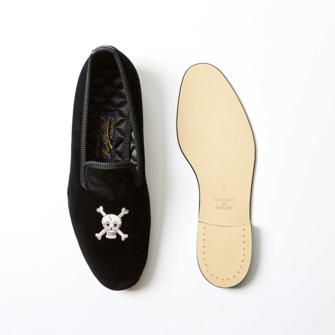 Bowhill & Elliott Black Velvet Albert Slippers with Skull and Crossbones 2