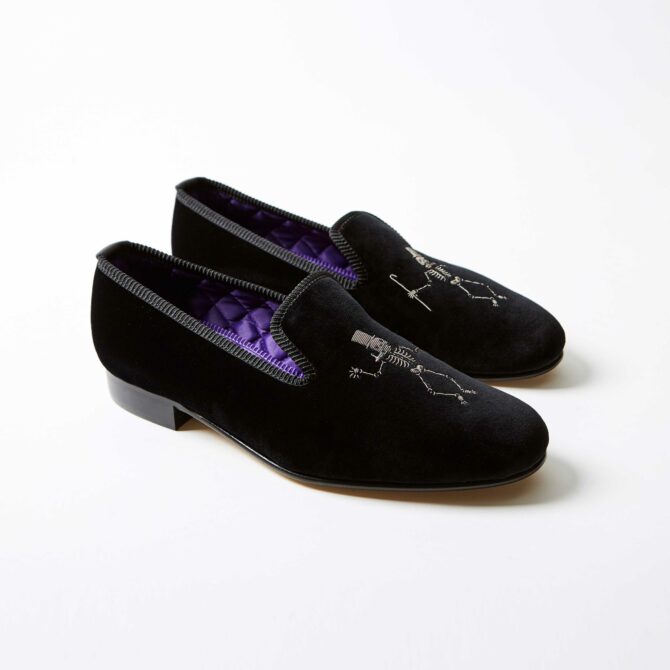 Bowhill & Elliott Black Velvet Albert Slippers with Cabaret Skeleton 1