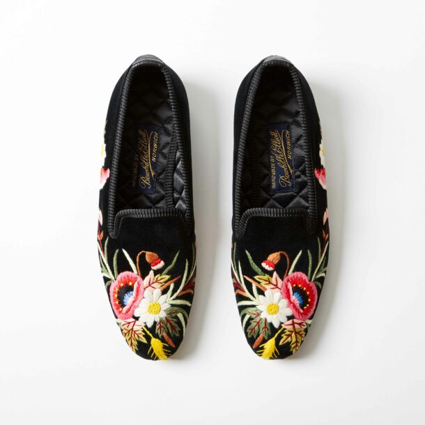 Black Velvet Embroidered Albert Slippers with Poppies | Bowhill & Elliott