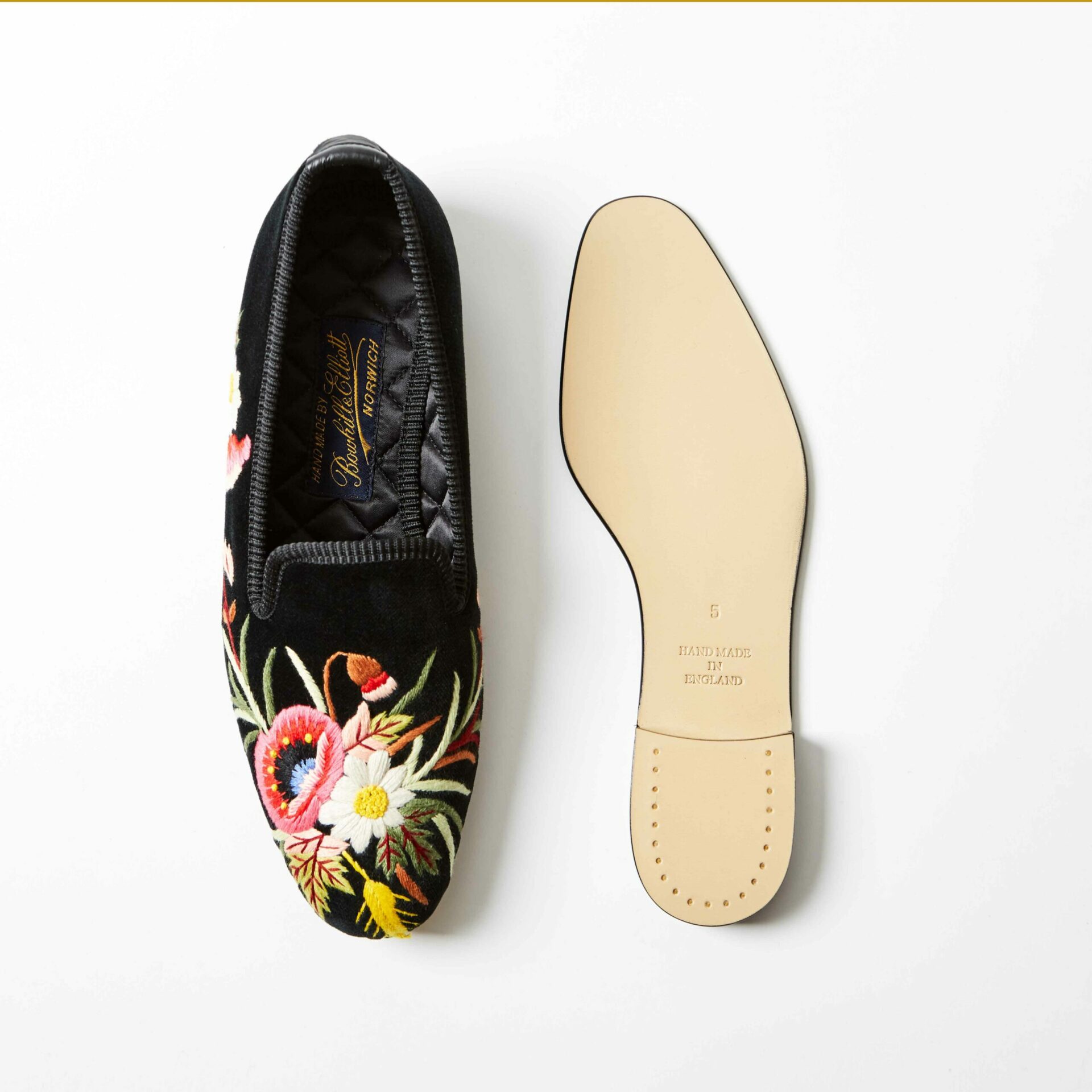 Bowhill & Elliott Black Velvet Albert Slippers with Poppies 2