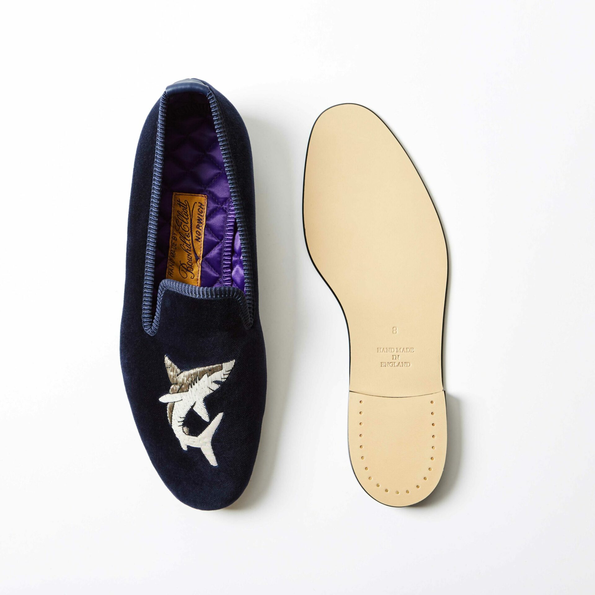 Bowhill & Elliott Navy Velvet Albert Slippers with Shark 1