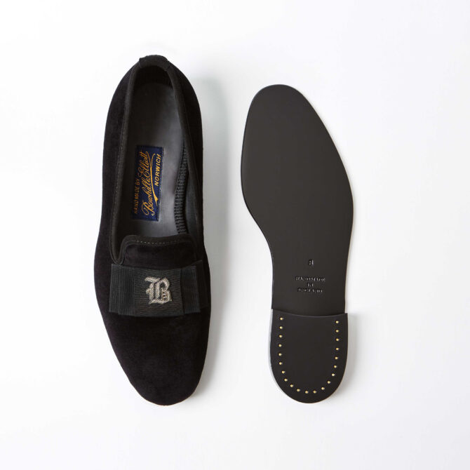 Black Velvet Albert Slippers with Monogrammed Bow