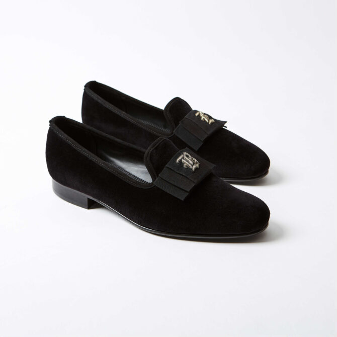 Black Velvet Albert Slippers with Monogrammed Bow