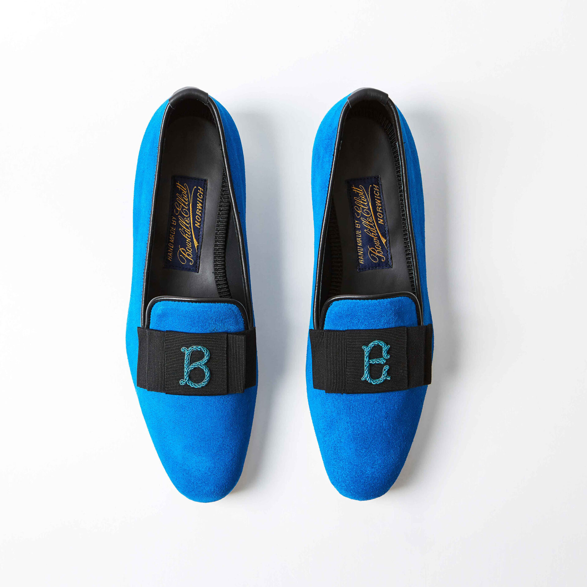 Azure Suede Albert Slippers with Monogrammed Bow | Bowhill & Elliott
