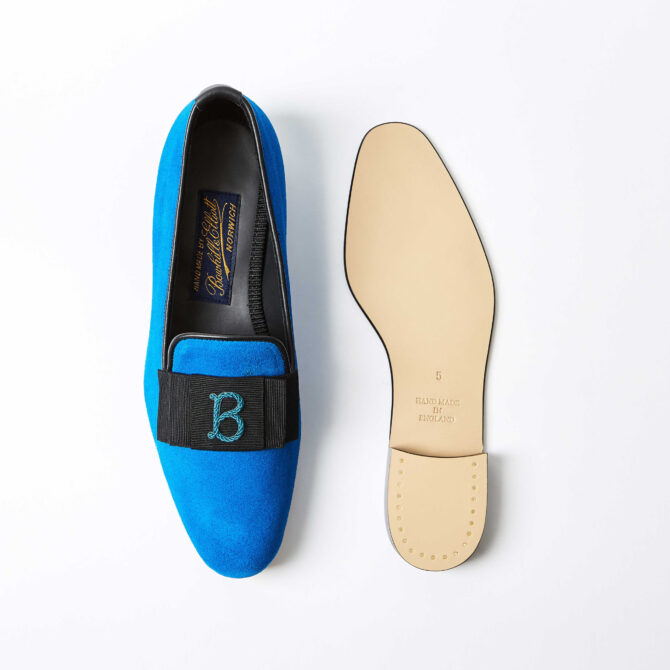 Azure Suede Albert Slippers with Monogrammed Bow