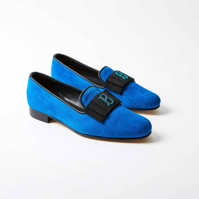 Azure Suede Albert Slippers with Monogrammed Bow