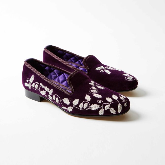 Regal Velvet Albert Slippers with Embroidered Silver Ivy