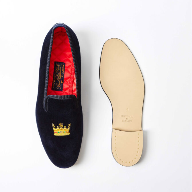 Navy Velvet Albert Slippers with Embroidered Coronet