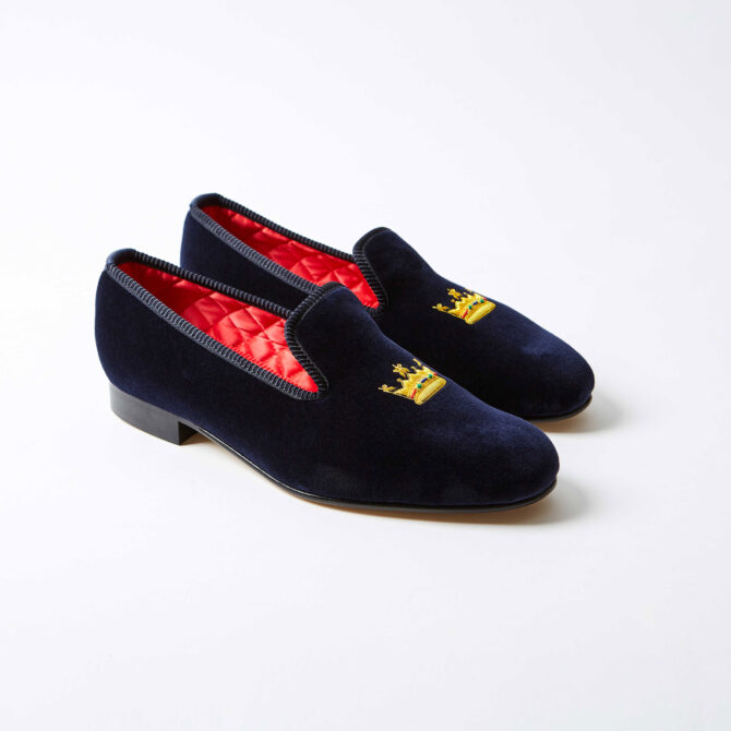 Navy Velvet Albert Slippers with Embroidered Coronet