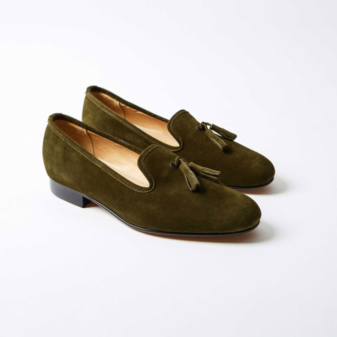 Olive Suede Albert Slippers with Tassel
