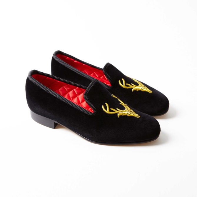 Black Velvet Embroidered Albert Slippers with Stag's Head