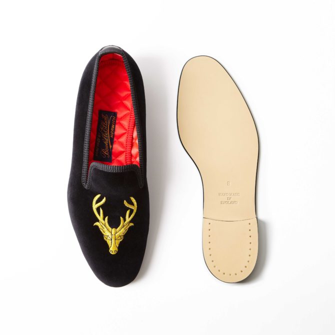 Black Velvet Embroidered Albert Slippers with Stag's Head