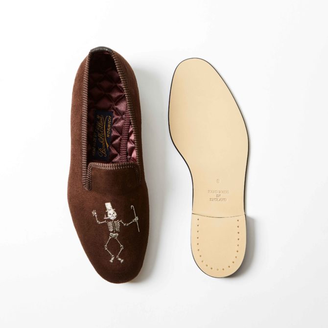 Cocoa Brown Faux Suede Albert Slippers with Cabaret Skeleton