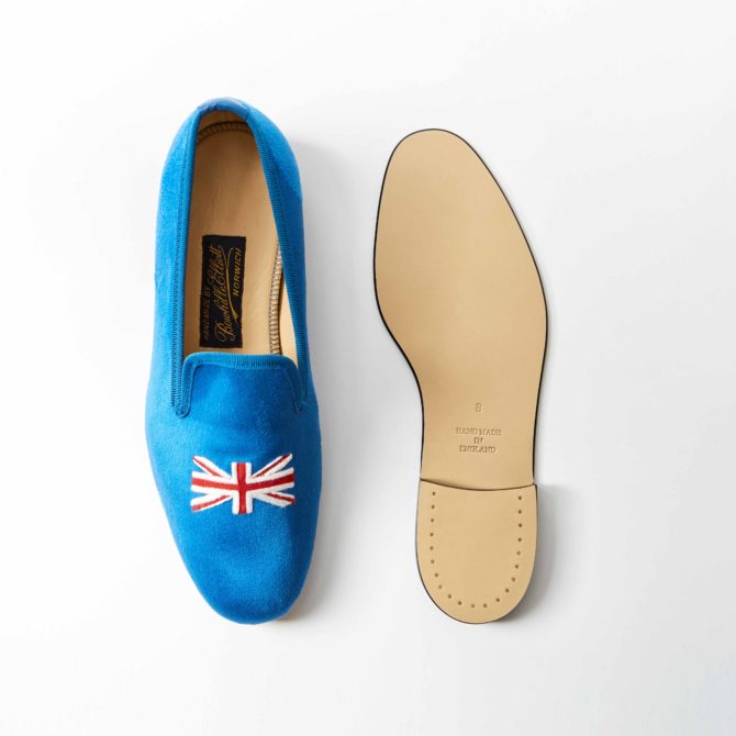 Cobalt Faux Suede Albert Slippers with Embroidered Union Jack